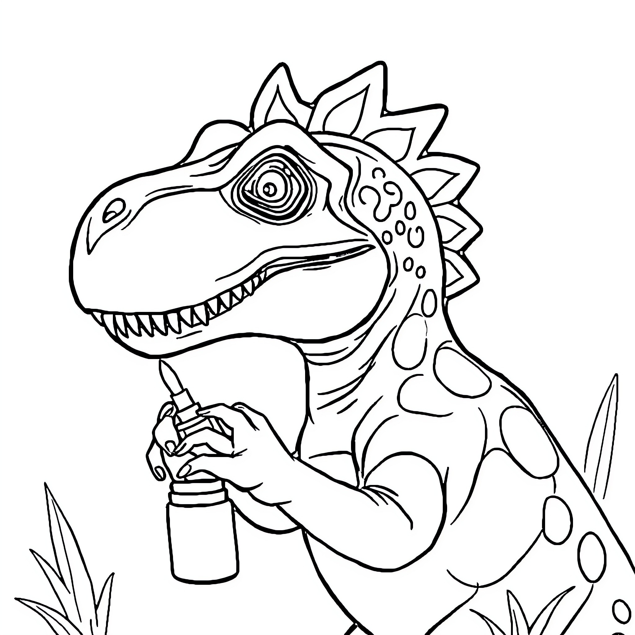Dinosaur painting a colorful mural Coloring Page (free black-and-white line drawing printable PDF for all, from beginners to advanced learners, including children, teens, adults, and seniors)