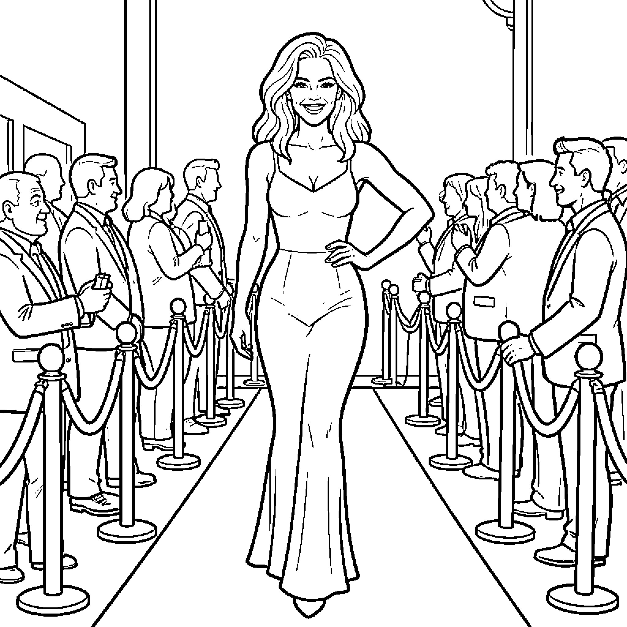 Pamela Anderson walking confidently on a red carpet Coloring Page (free black-and-white line drawing printable PDF for all, from beginners to advanced learners, including children, teens, adults, and seniors)