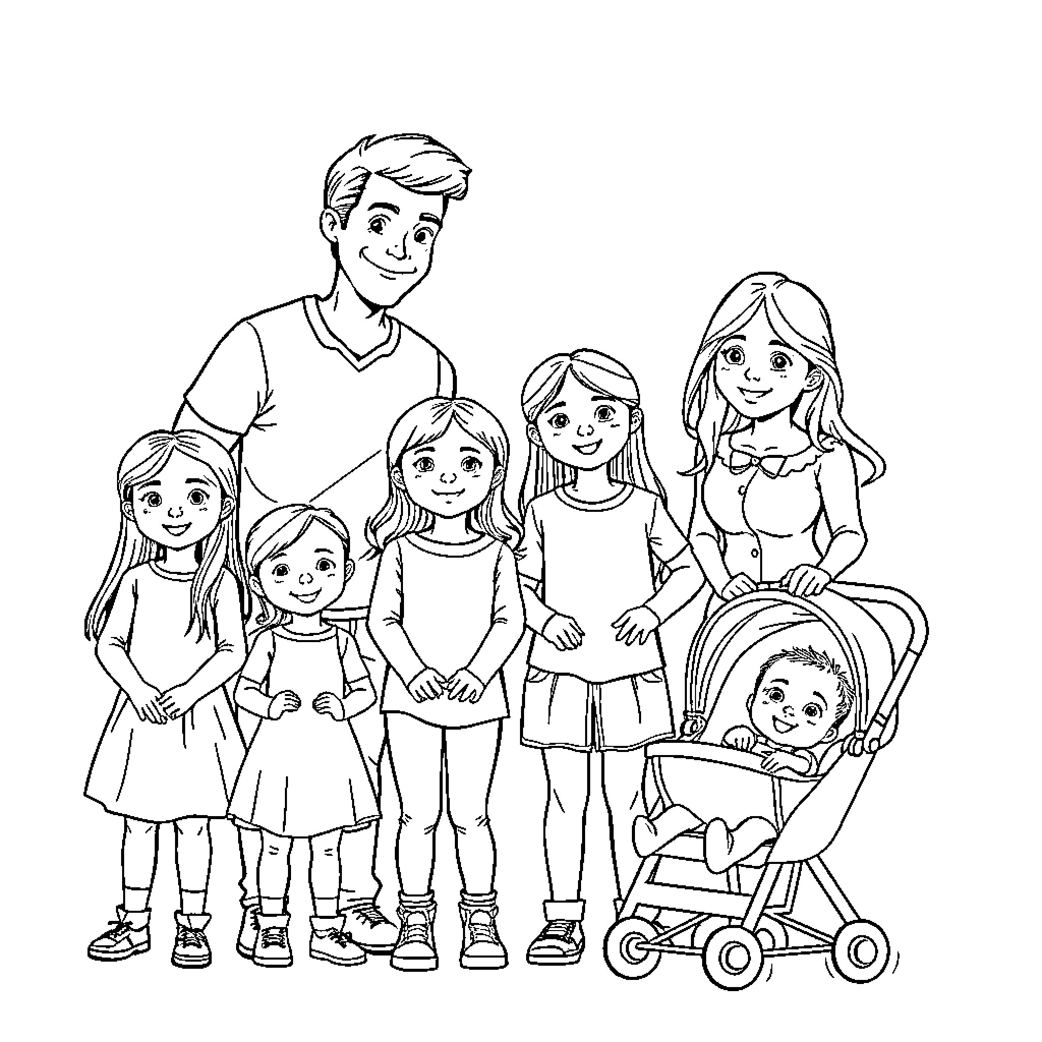 Family in Casual Attire Enjoying Time Together Coloring Page (free black-and-white line drawing printable PDF for all, from beginners to advanced learners, including children, teens, adults, and seniors)
