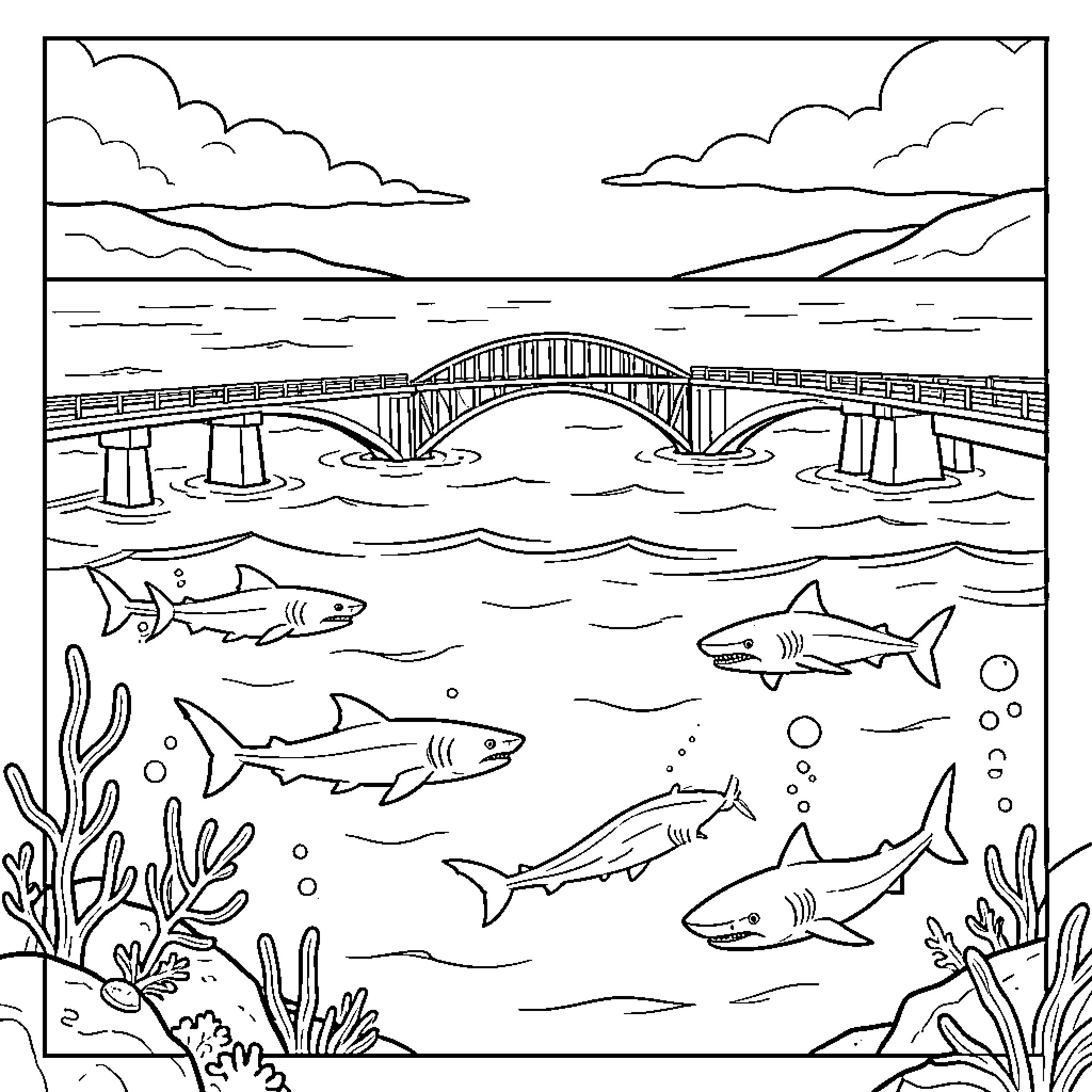 Shark swimming gracefully under a large bridge Coloring Page (free black-and-white line drawing printable PDF for all, from beginners to advanced learners, including children, teens, adults, and seniors)