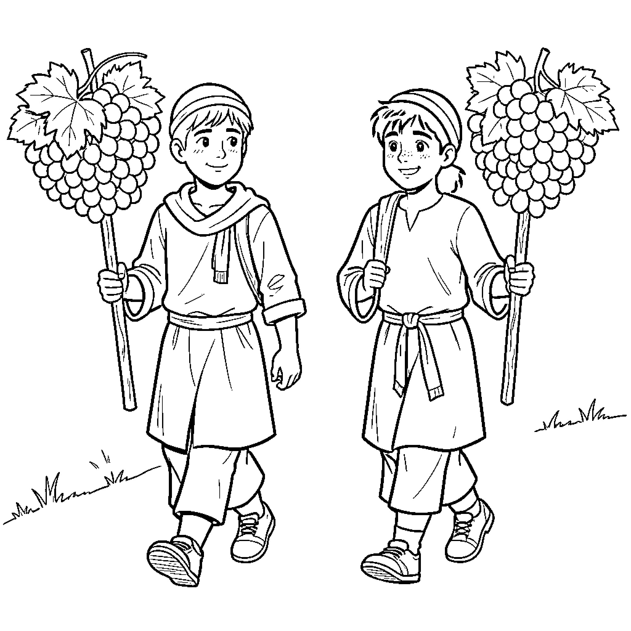 Grapes being carried by two smiling children walking Coloring Page (free black-and-white line drawing printable PDF for all, from beginners to advanced learners, including children, teens, adults, and seniors)