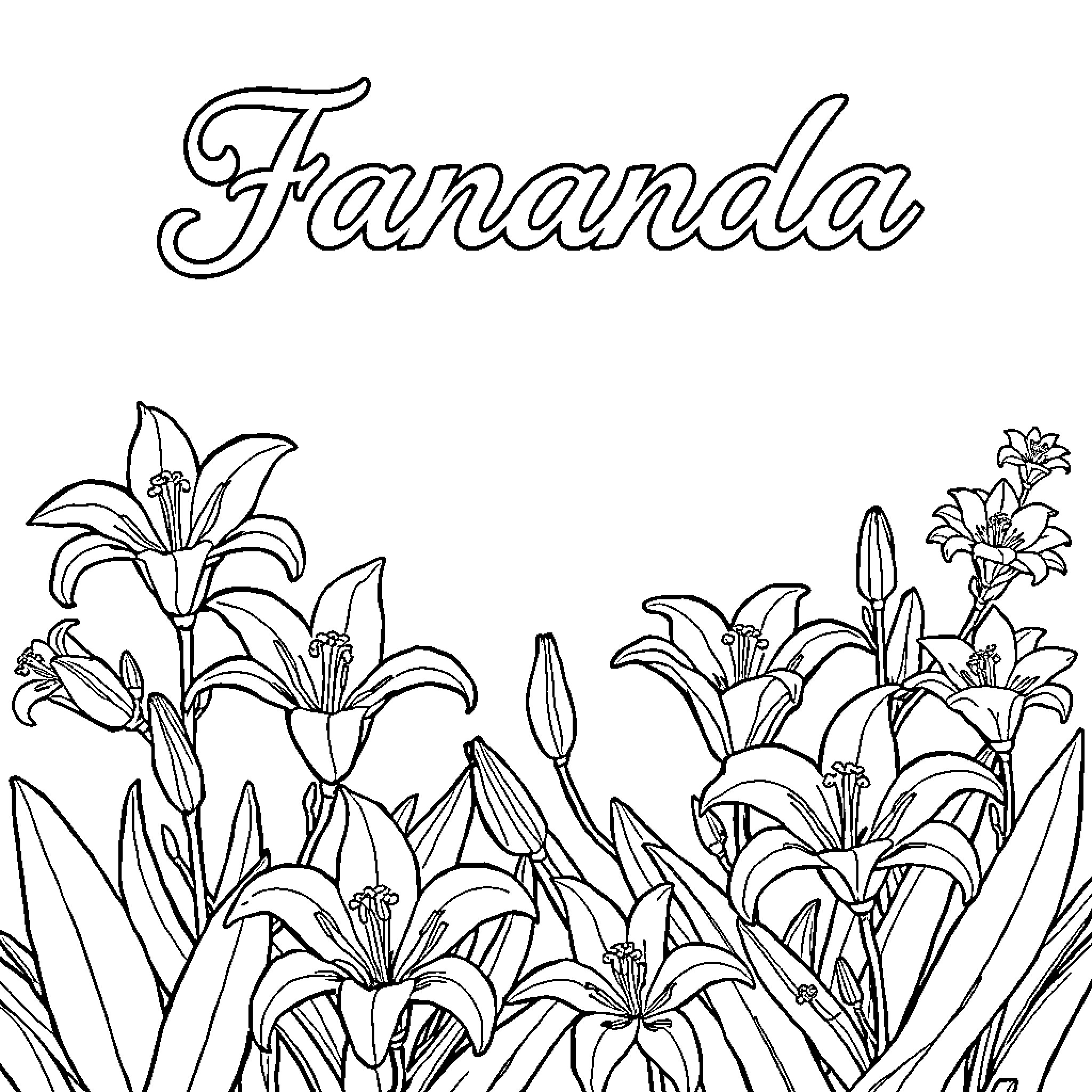Lily Flowers Blossoming in the Garden Coloring Page (free black-and-white line drawing printable PDF for all, from beginners to advanced learners, including children, teens, adults, and seniors)