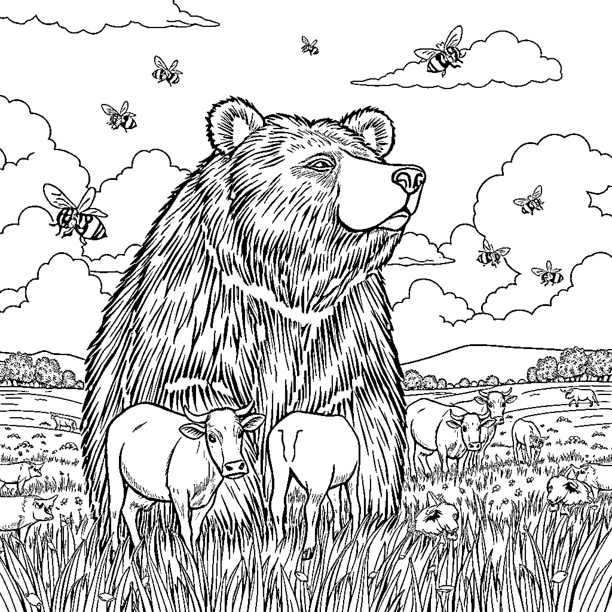 Bear guiding peaceful forest creatures in the meadow Coloring Page (free black-and-white line drawing printable PDF for all, from beginners to advanced learners, including children, teens, adults, and seniors)