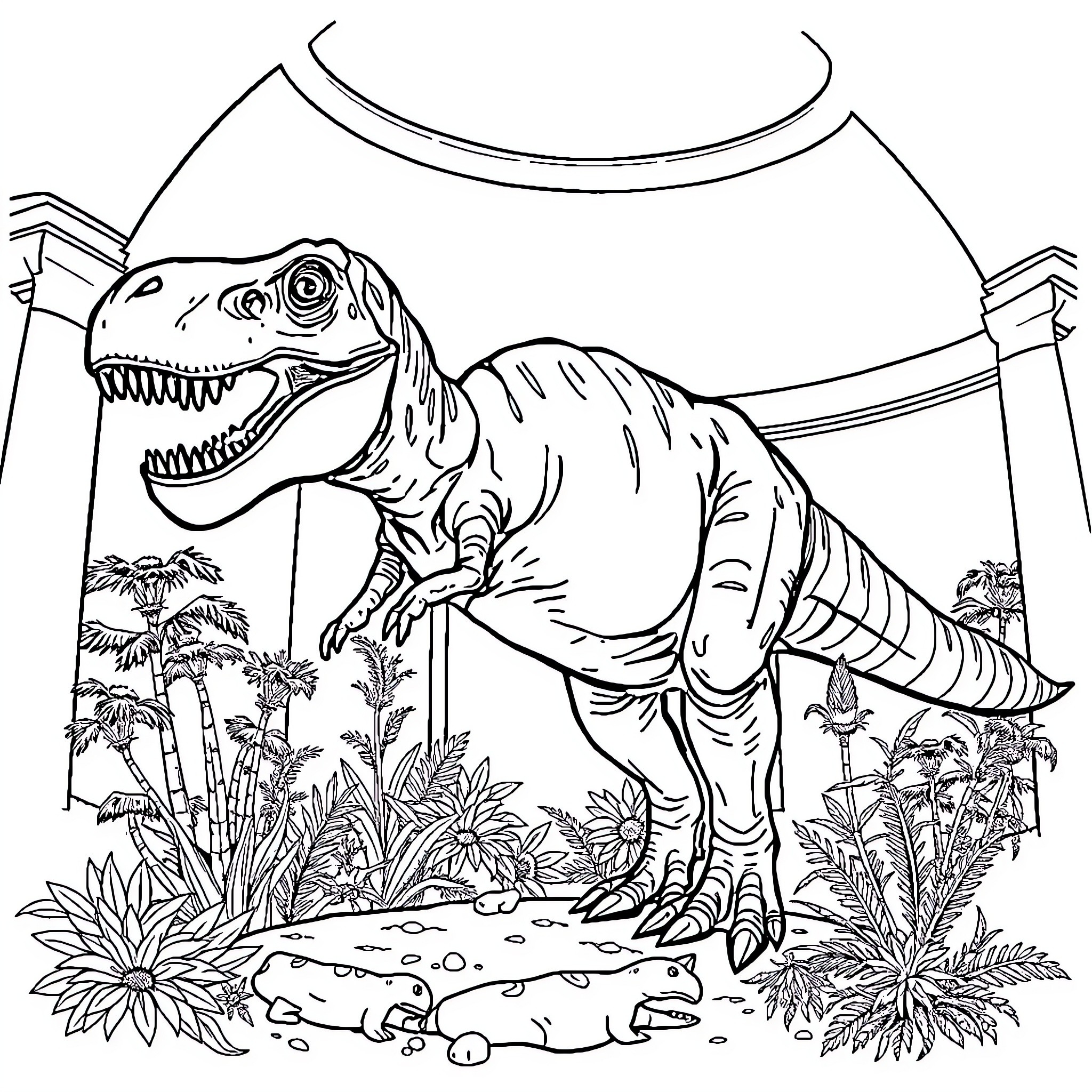 Skeleton Tyrannosaurus Rex in prehistoric landscape Coloring Page (free black-and-white line drawing printable PDF for all, from beginners to advanced learners, including children, teens, adults, and seniors)