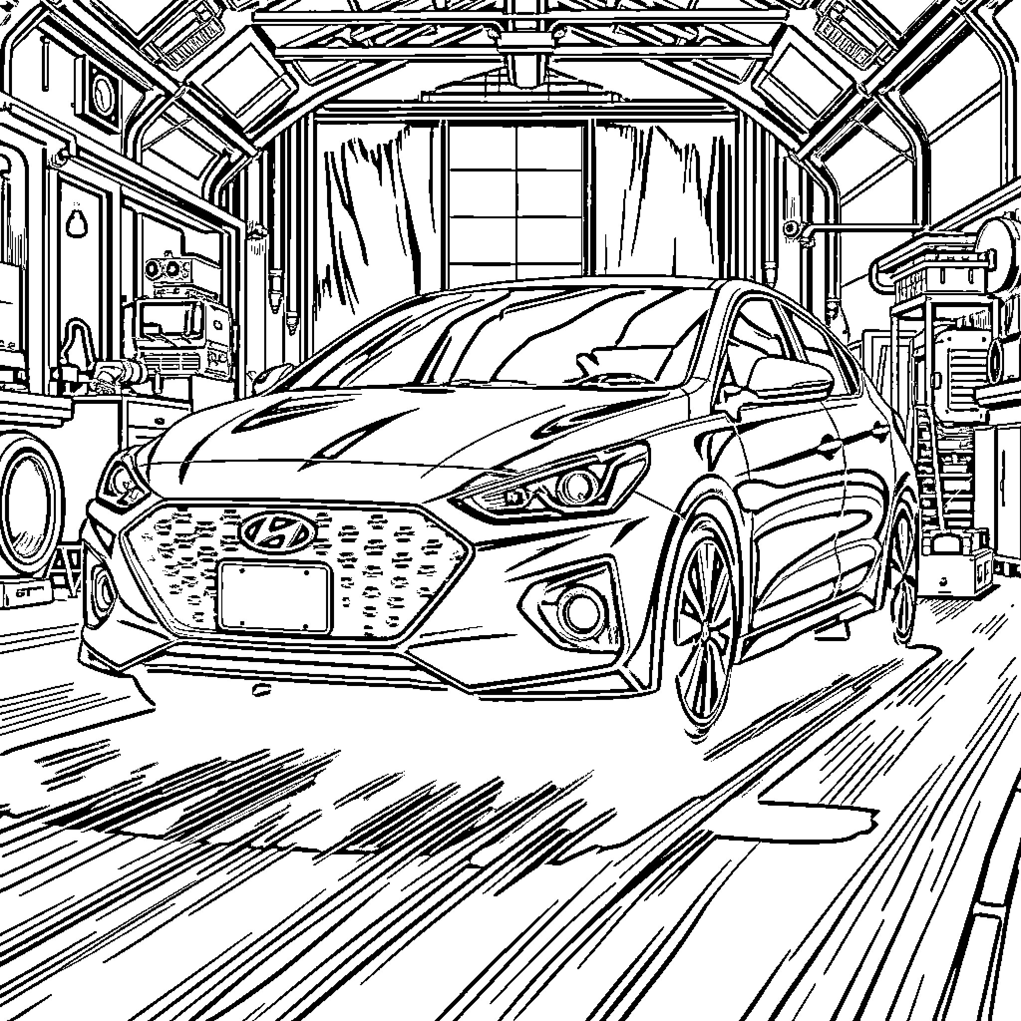 Hyundai IONIQ 5N in an auto repair shop Coloring Page (free black-and-white line drawing printable PDF for all, from beginners to advanced learners, including children, teens, adults, and seniors)
