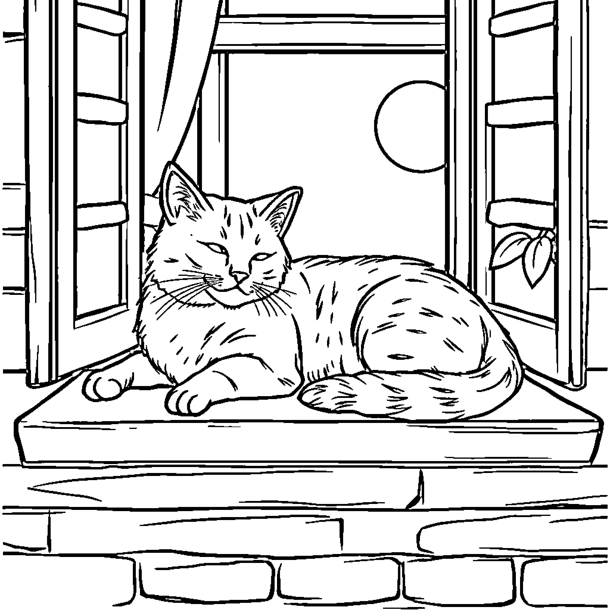 Cat resting peacefully on window ledge Coloring Page (free black-and-white line drawing printable PDF for all, from beginners to advanced learners, including children, teens, adults, and seniors)