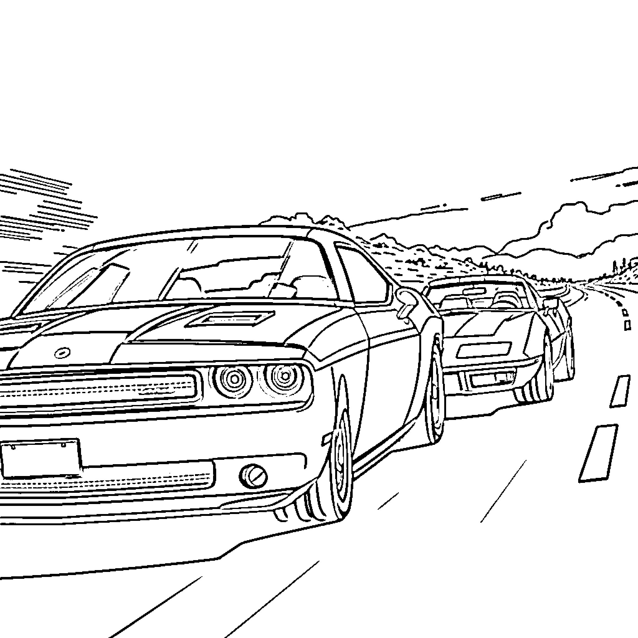 Car racing on the highway in the countryside Coloring Page (free black-and-white line drawing printable PDF for all, from beginners to advanced learners, including children, teens, adults, and seniors)