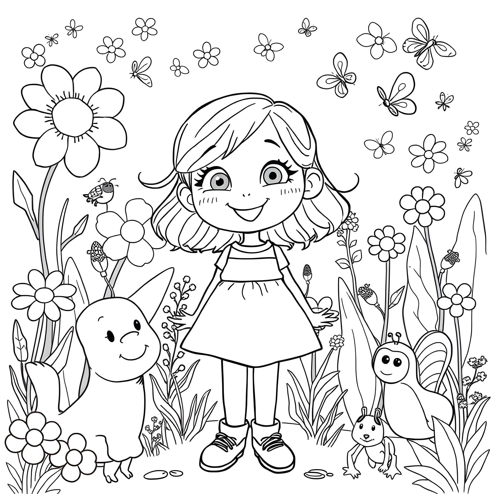 Gabby's Playful Meadow Adventure Coloring Page (free black-and-white line drawing printable PDF for all, from beginners to advanced learners, including children, teens, adults, and seniors)