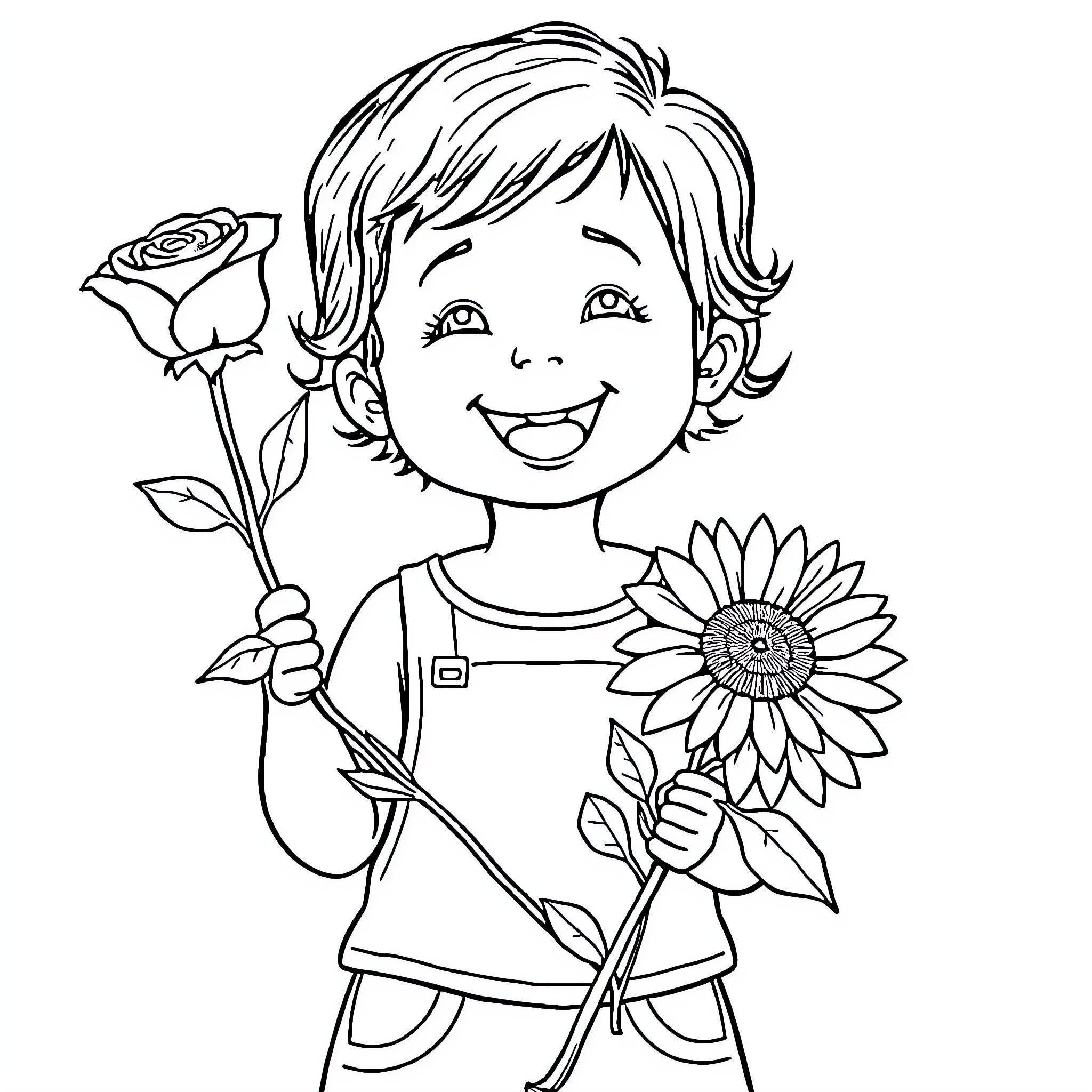 Child holding flowers and smiling happily Coloring Page (free black-and-white line drawing printable PDF for all, from beginners to advanced learners, including children, teens, adults, and seniors)