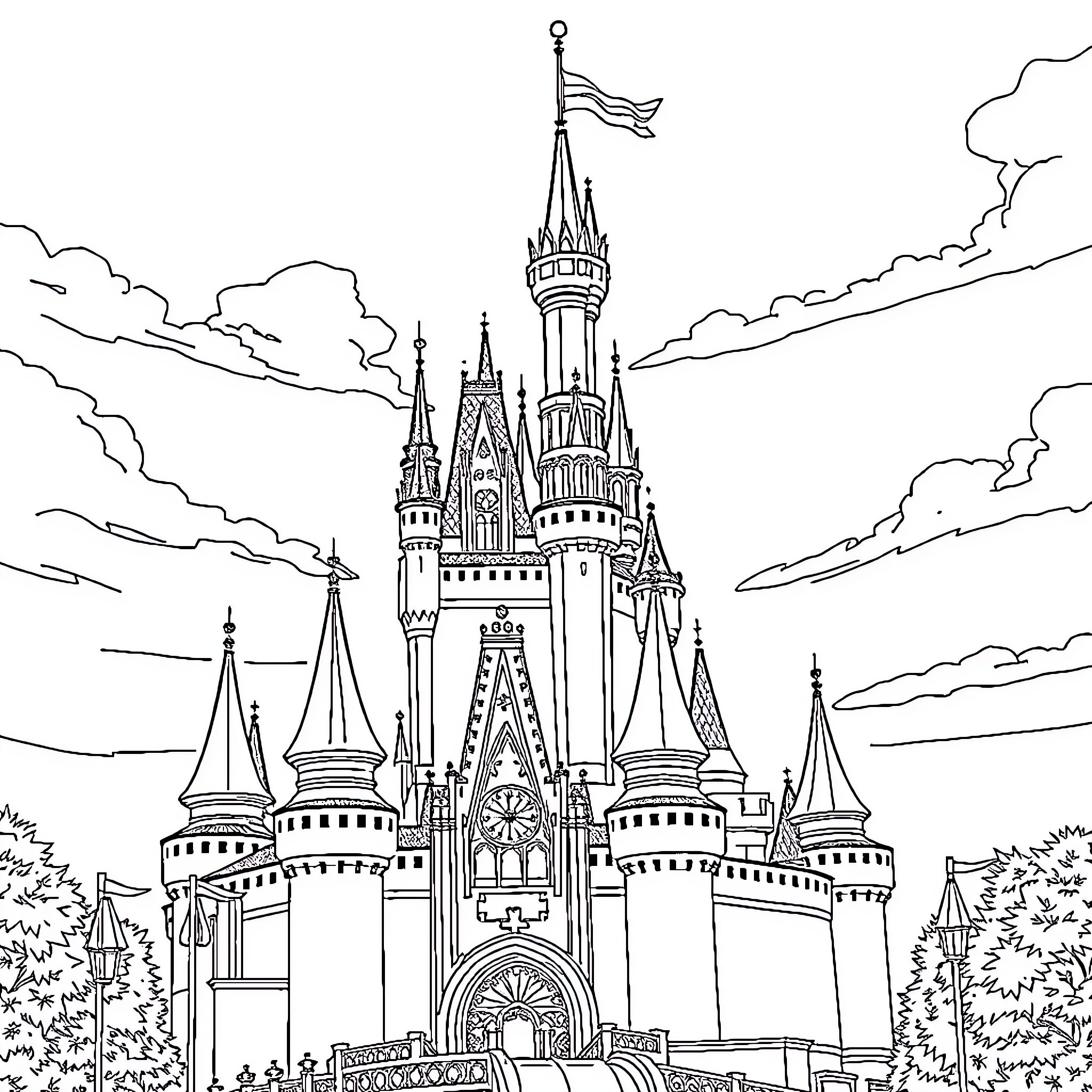 Castle with majestic towers and flags in a cloudy sky Coloring Page (free black-and-white line drawing printable PDF for all, from beginners to advanced learners, including children, teens, adults, and seniors)