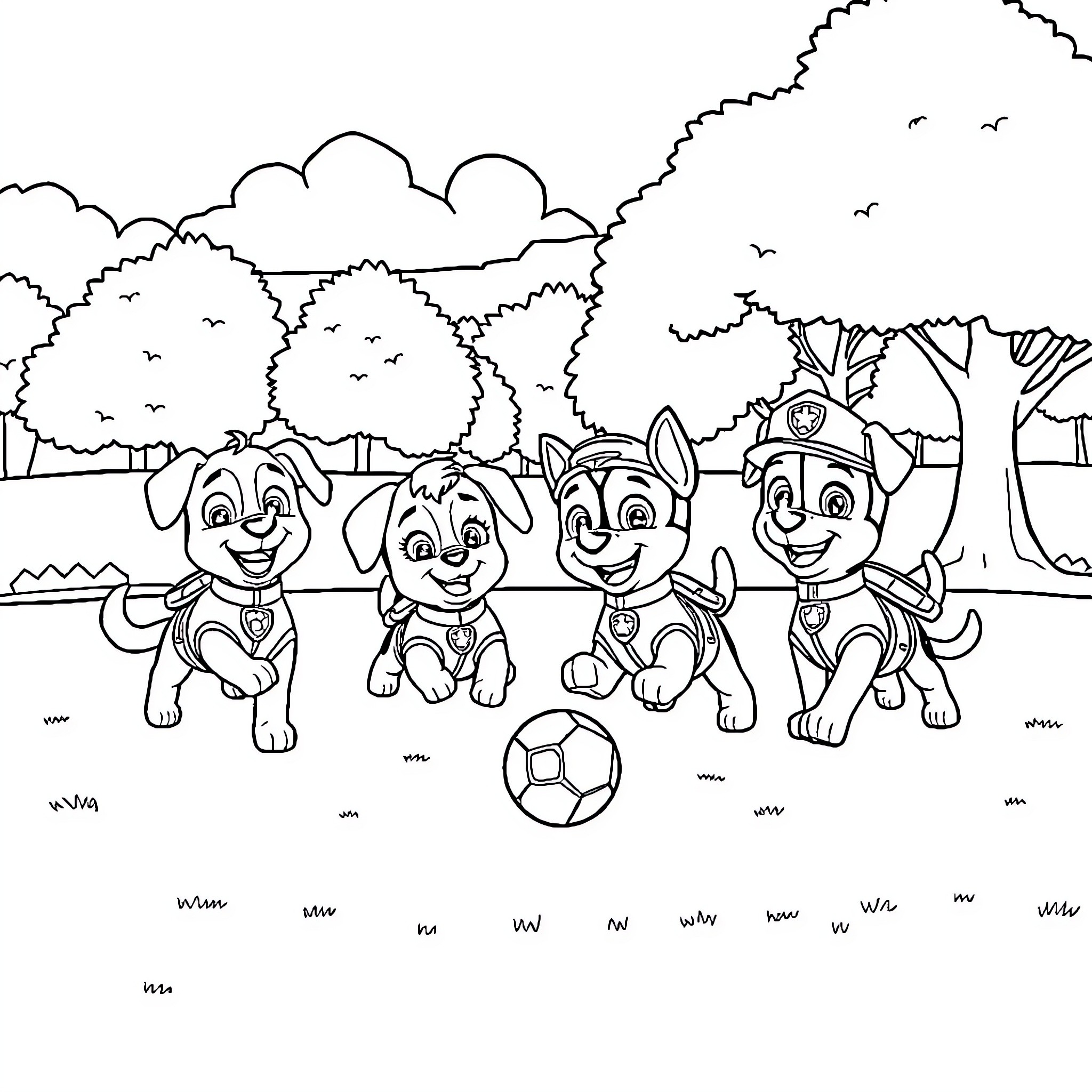 Paw Patrol characters playing soccer in the park Coloring Page (free black-and-white line drawing printable PDF for all, from beginners to advanced learners, including children, teens, adults, and seniors)