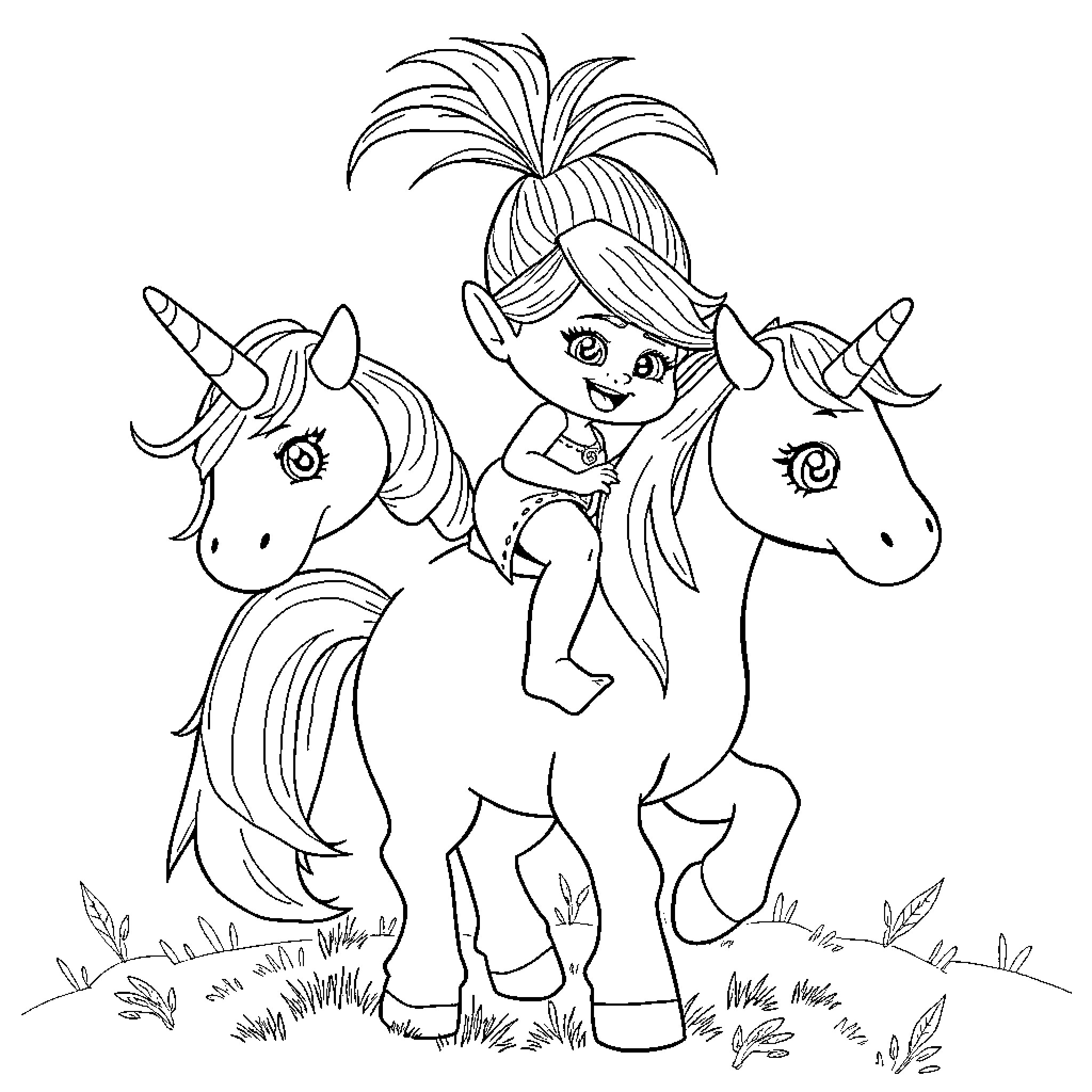 Poppy rides unicorns in the meadow Coloring Page (free black-and-white line drawing printable PDF for all, from beginners to advanced learners, including children, teens, adults, and seniors)