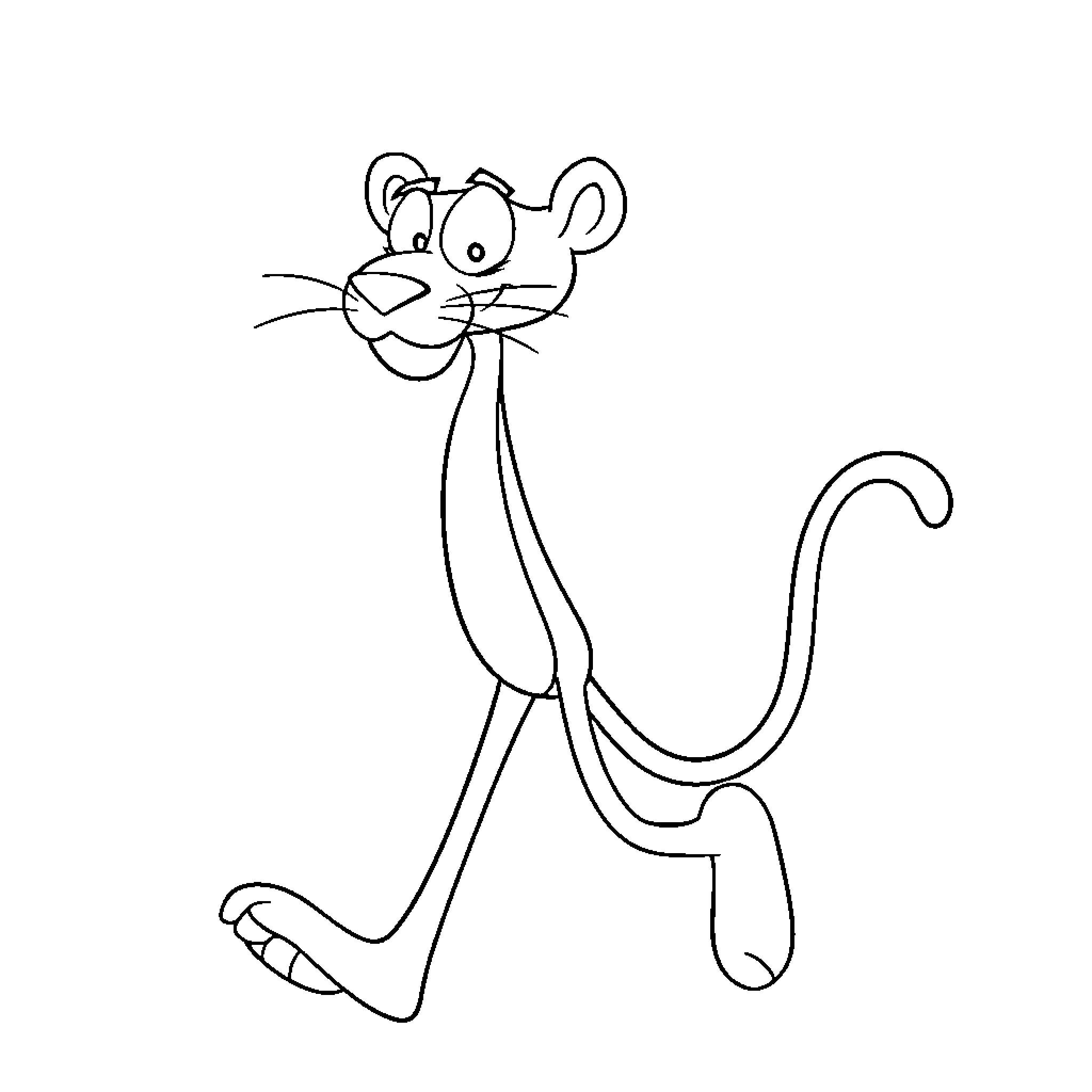 Pink Panther playfully posing with mischievous expression Coloring Page (free black-and-white line drawing printable PDF for all, from beginners to advanced learners, including children, teens, adults, and seniors)