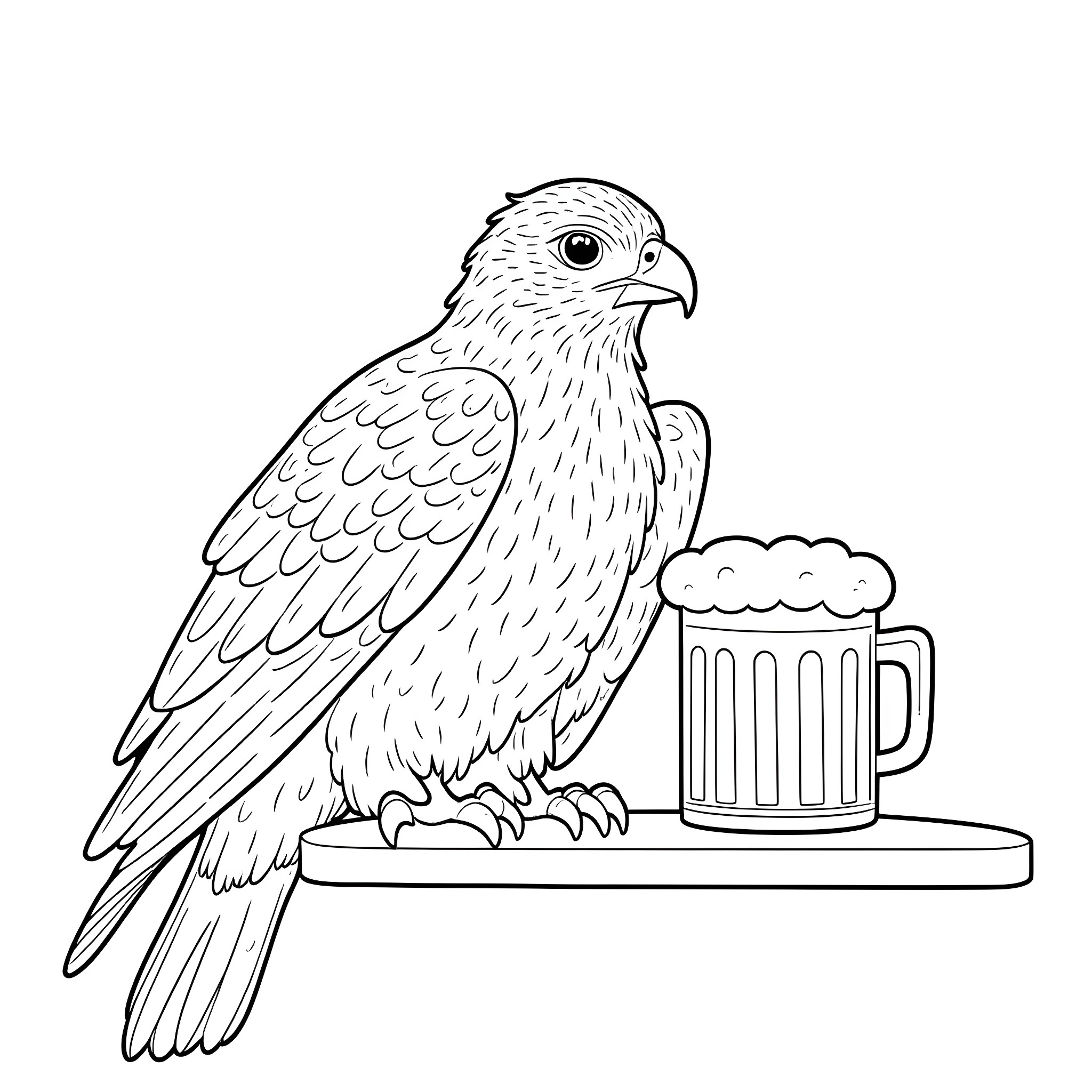 Falcon perched near a mug of beer Coloring Page (free black-and-white line drawing printable PDF for all, from beginners to advanced learners, including children, teens, adults, and seniors)