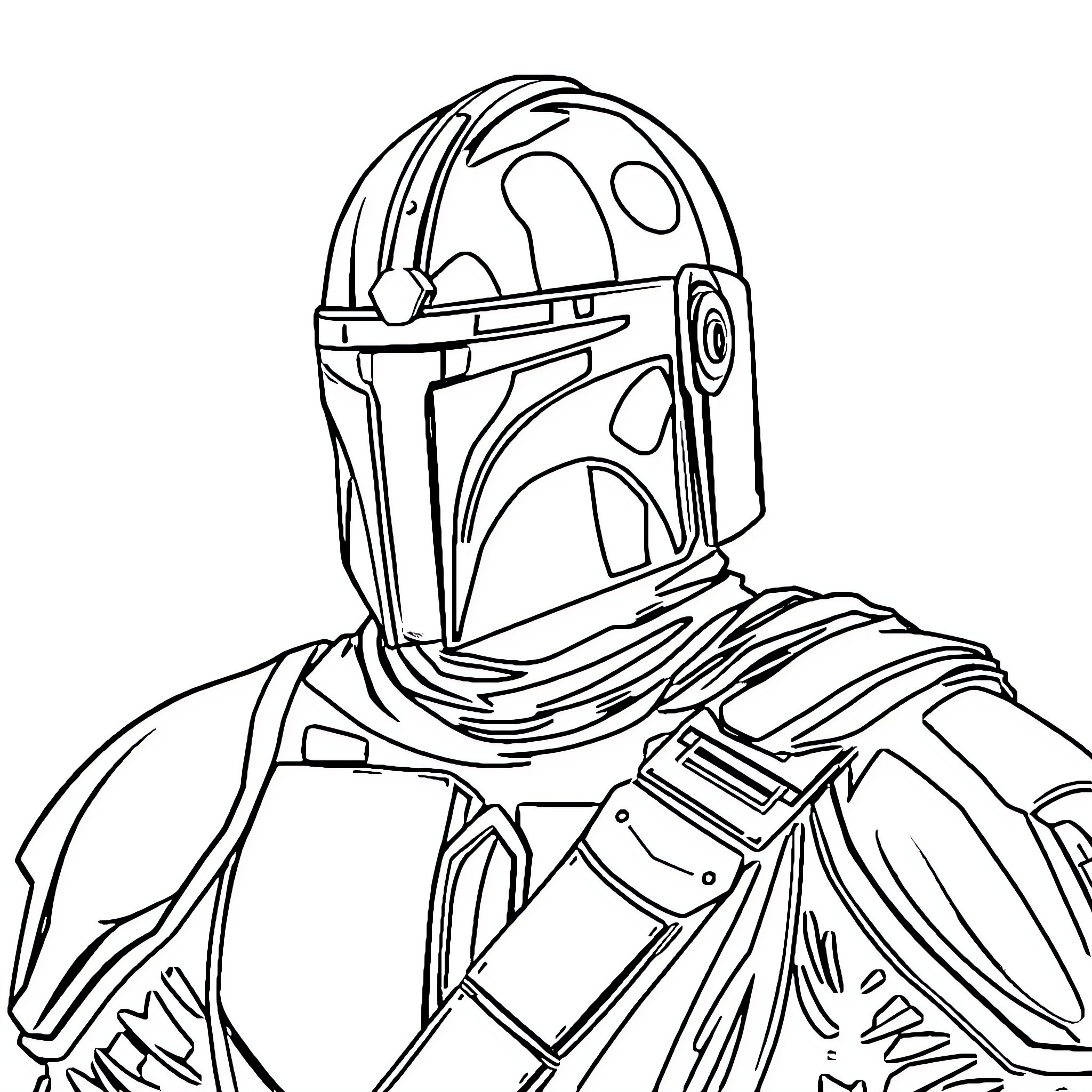 Mandalorian warrior in armored suit Coloring Page (free black-and-white line drawing printable PDF for all, from beginners to advanced learners, including children, teens, adults, and seniors)