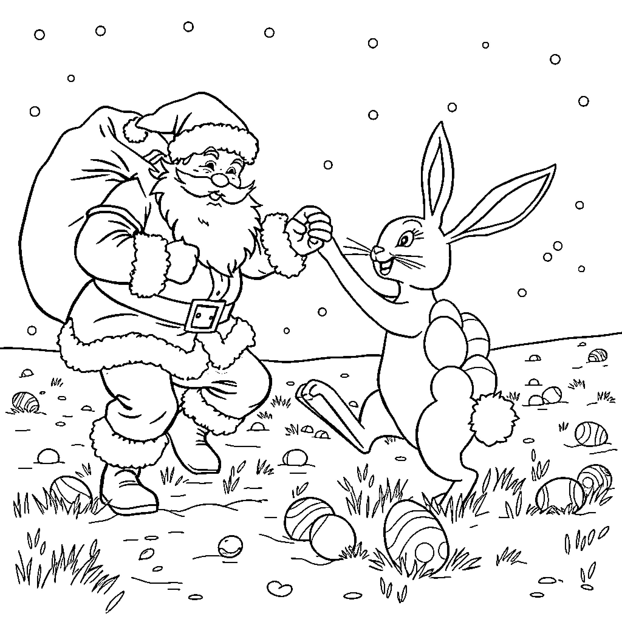 Santa and Bunny playing in the snowy forest Coloring Page (free black-and-white line drawing printable PDF for all, from beginners to advanced learners, including children, teens, adults, and seniors)