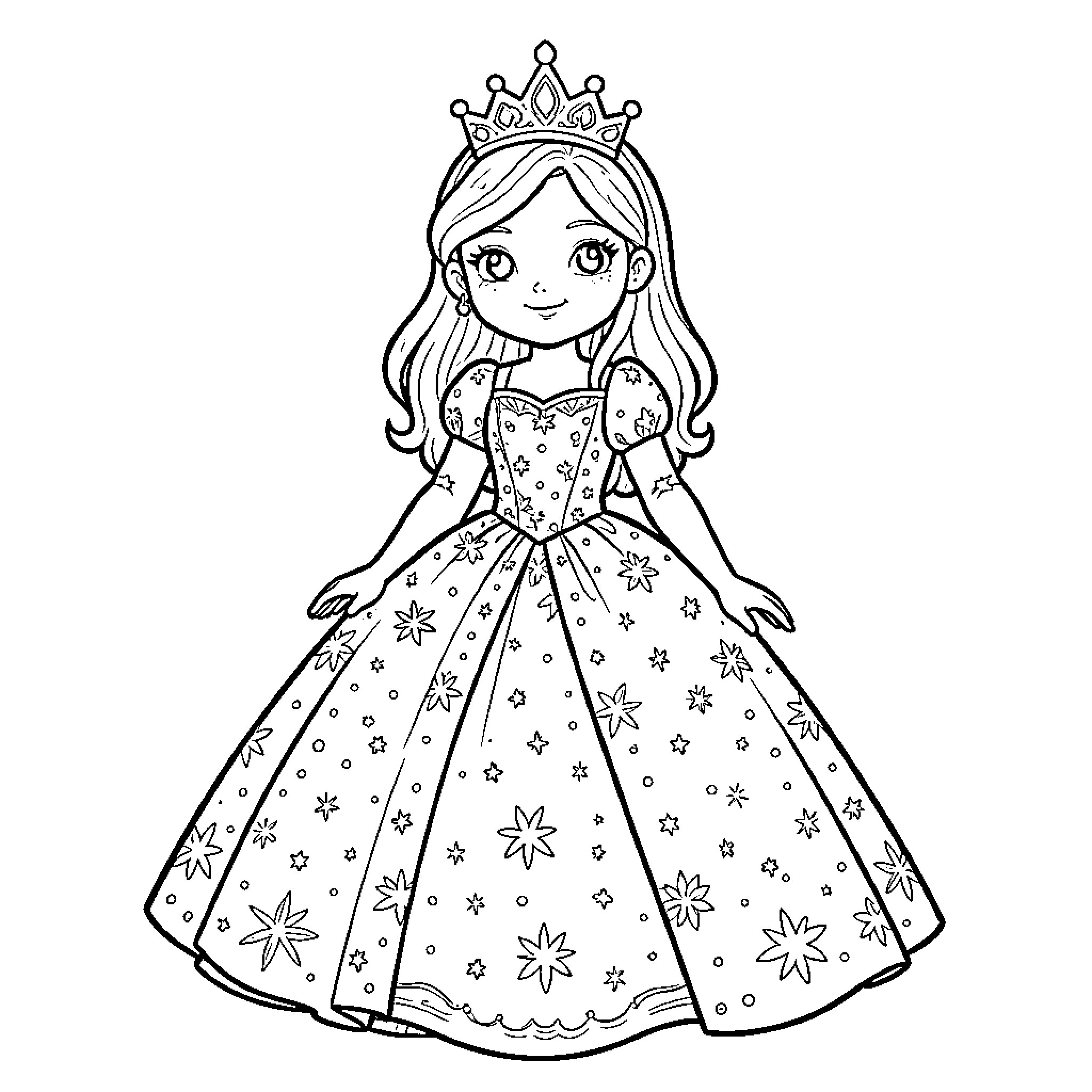 Princess in a Whimsical Gown Coloring Page (free black-and-white line drawing printable PDF for all, from beginners to advanced learners, including children, teens, adults, and seniors)