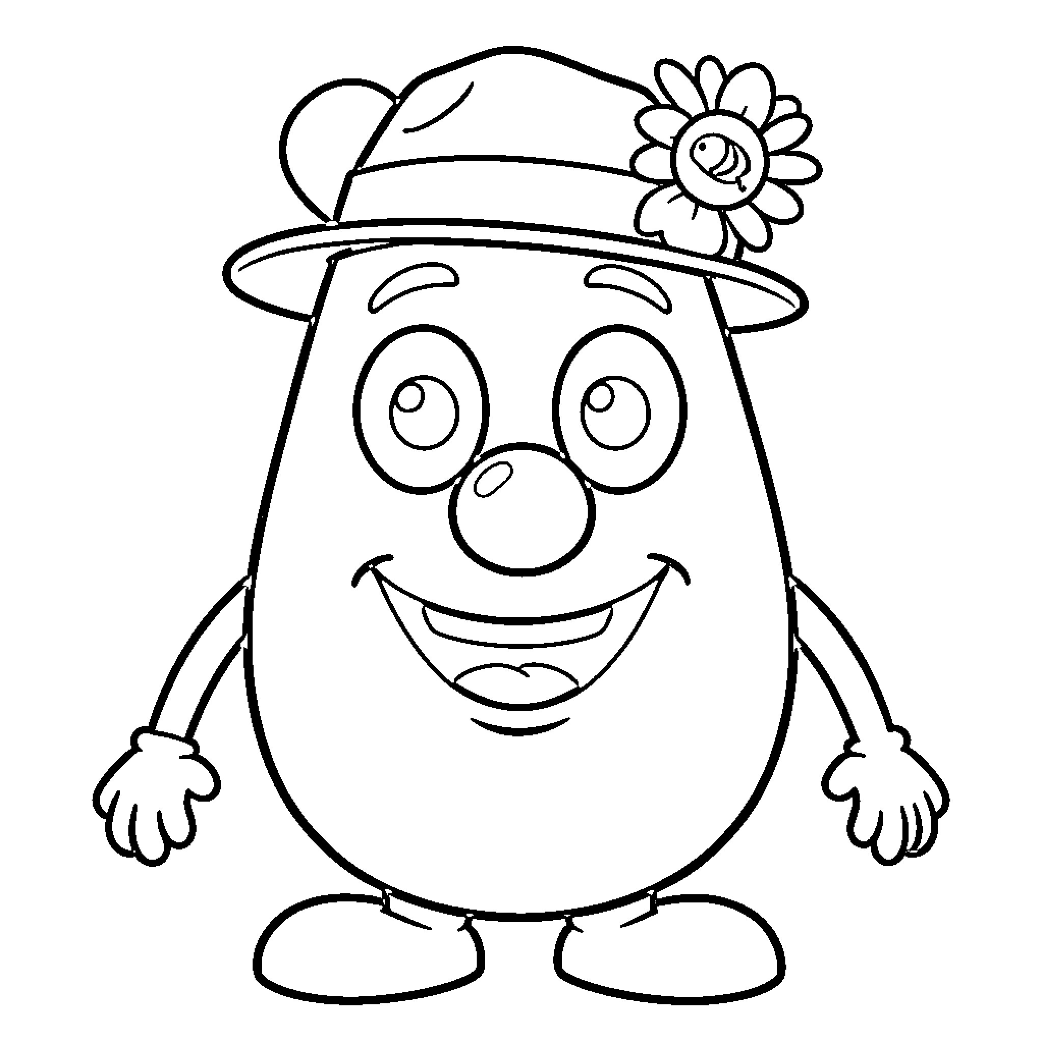 Mr. Potato Head wearing a hat and smiling Coloring Page (free black-and-white line drawing printable PDF for all, from beginners to advanced learners, including children, teens, adults, and seniors)