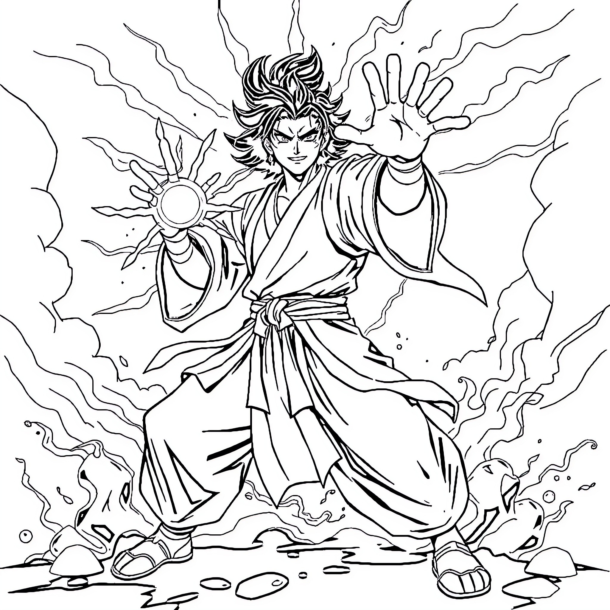 Tanjiro's Fiery Determination Coloring Page (free black-and-white line drawing printable PDF for all, from beginners to advanced learners, including children, teens, adults, and seniors)