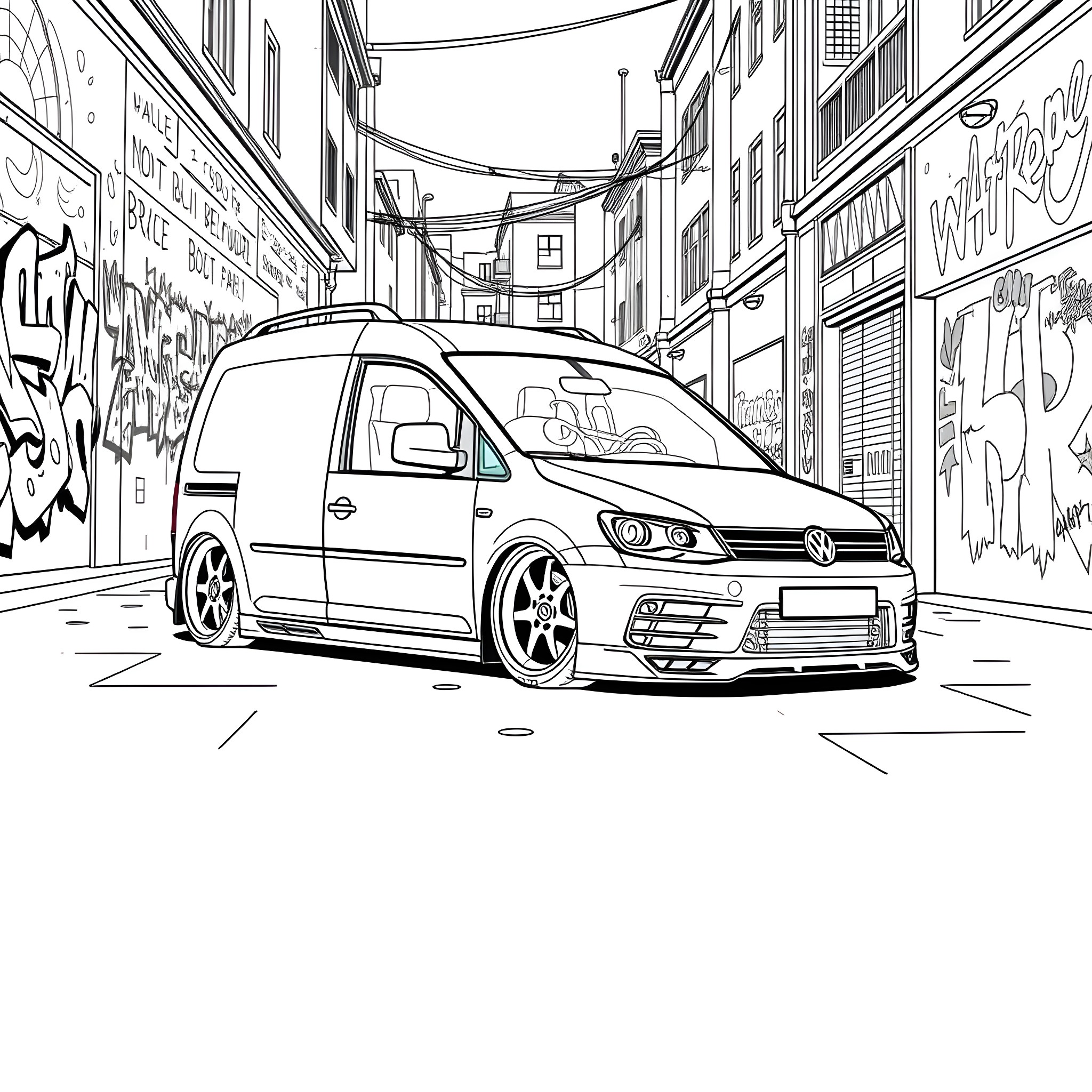 Volkswagen Minivan in Urban Alley Coloring Page (free black-and-white line drawing printable PDF for all, from beginners to advanced learners, including children, teens, adults, and seniors)