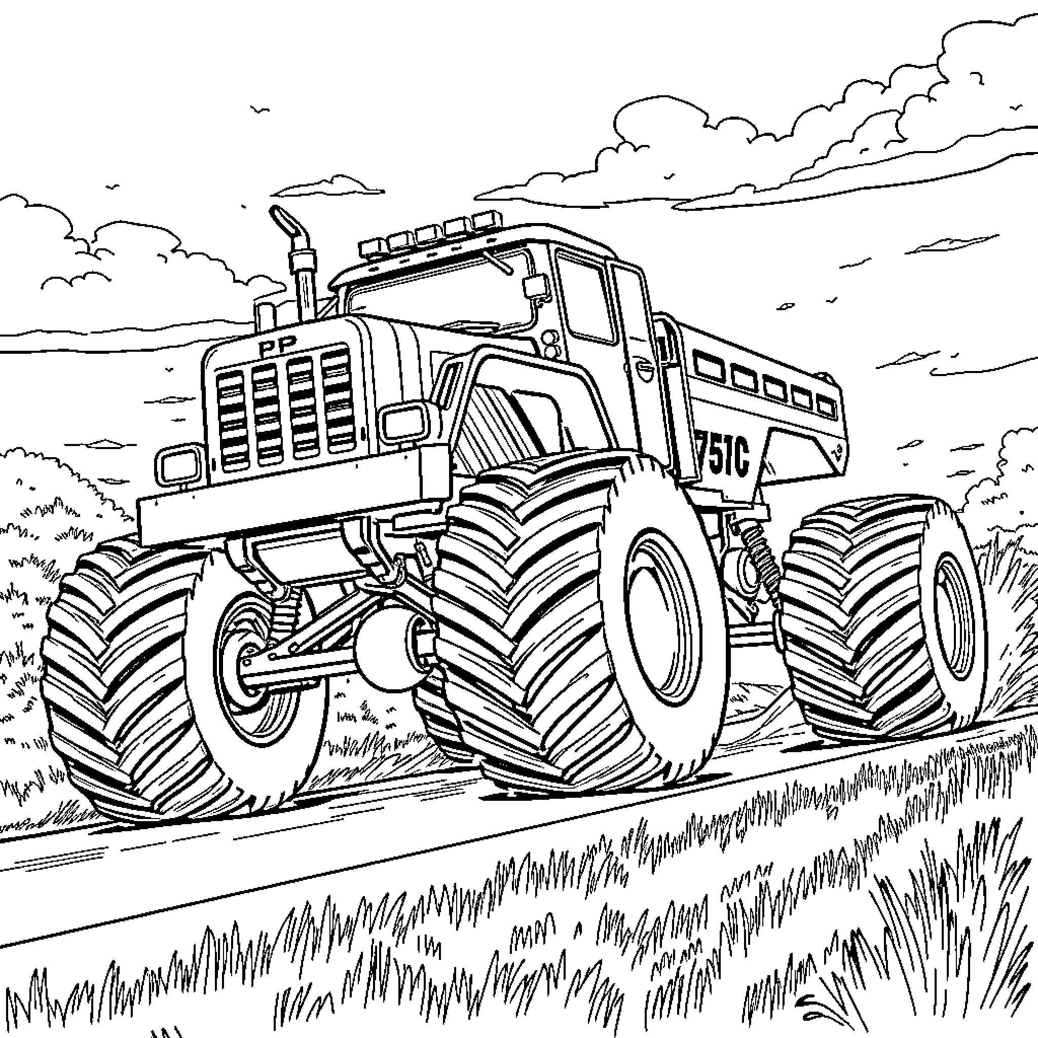 Monstertruck Driving Through Grassy Field Coloring Page (free black-and-white line drawing printable PDF for all, from beginners to advanced learners, including children, teens, adults, and seniors)