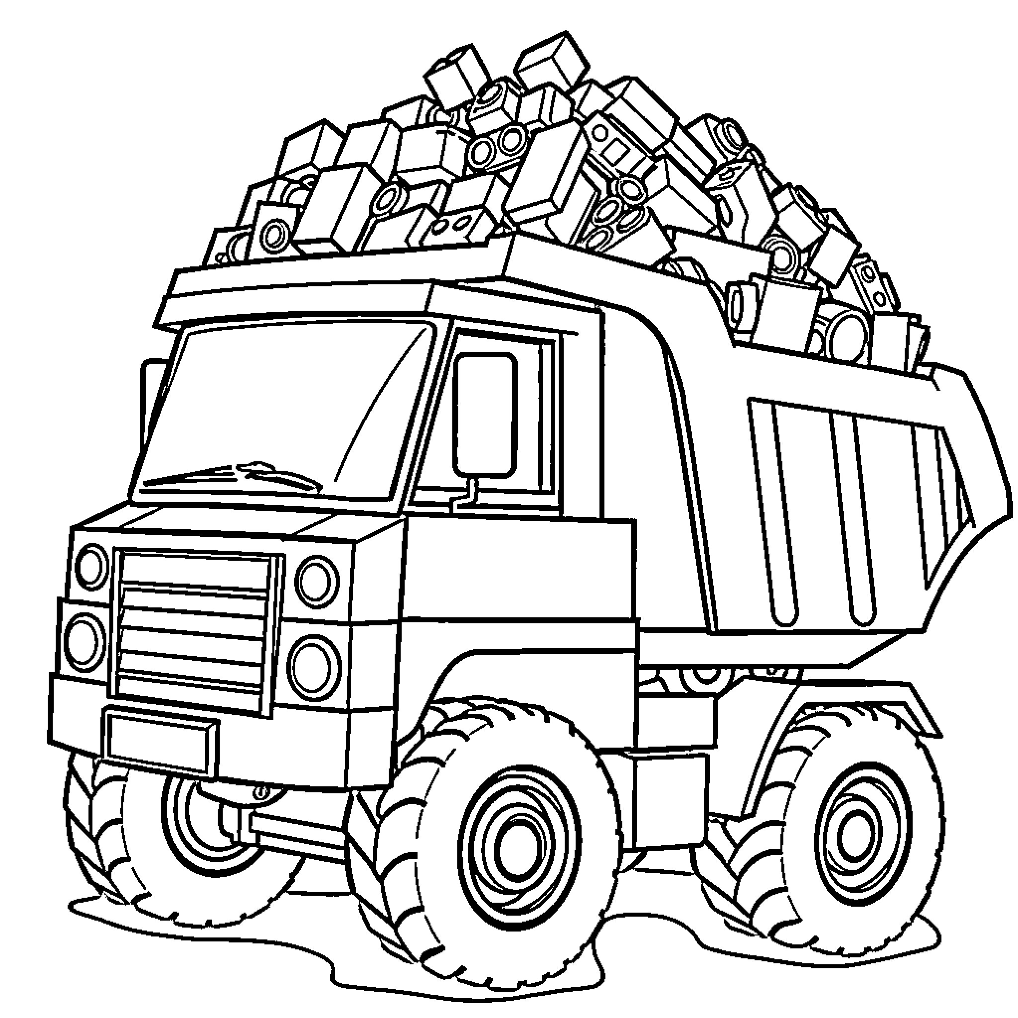 Dump Truck Loaded with Assorted Objects Coloring Page (free black-and-white line drawing printable PDF for all, from beginners to advanced learners, including children, teens, adults, and seniors)