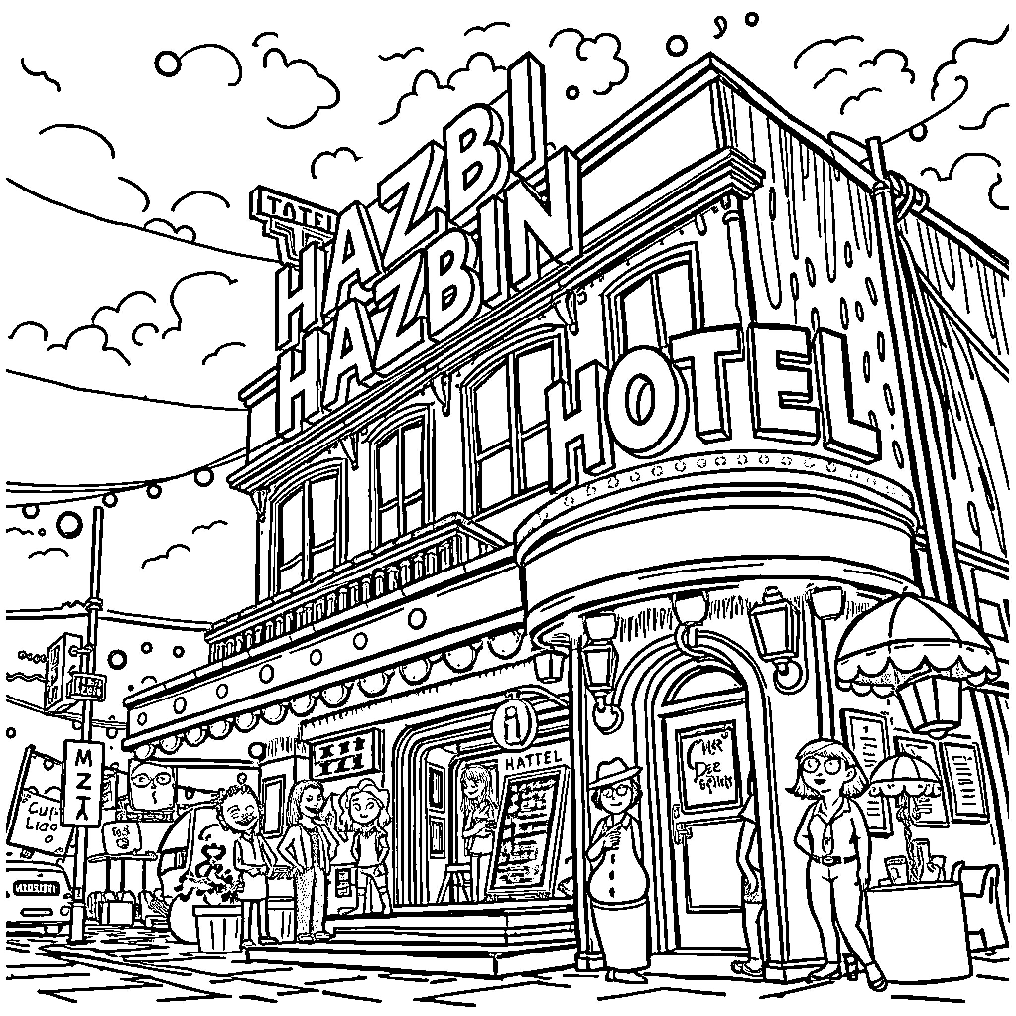 Hazbin Hotel: Exterior view of the lively hotel establishment Coloring Page (free black-and-white line drawing printable PDF for all, from beginners to advanced learners, including children, teens, adults, and seniors)