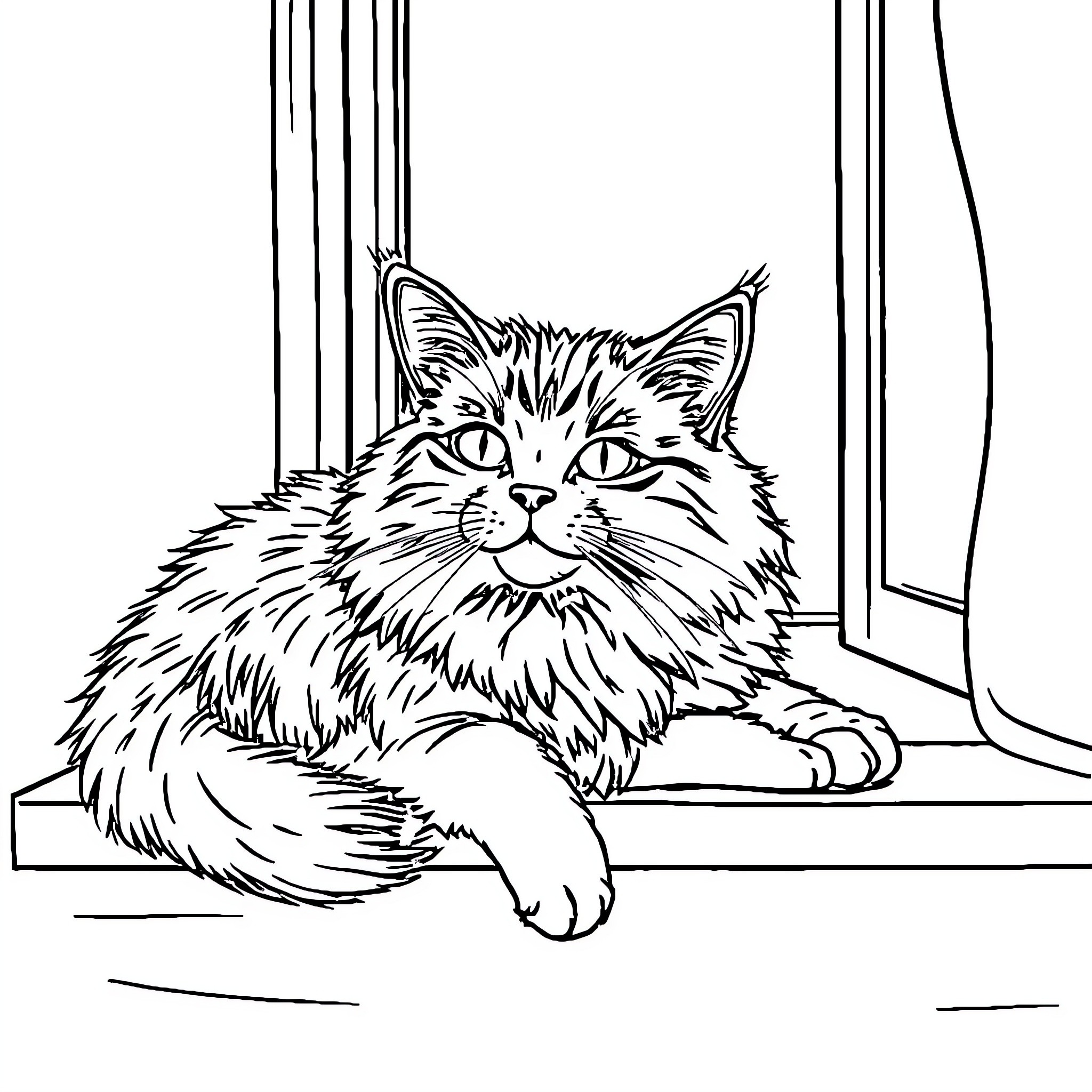 Cat resting peacefully by the window Coloring Page (free black-and-white line drawing printable PDF for all, from beginners to advanced learners, including children, teens, adults, and seniors)