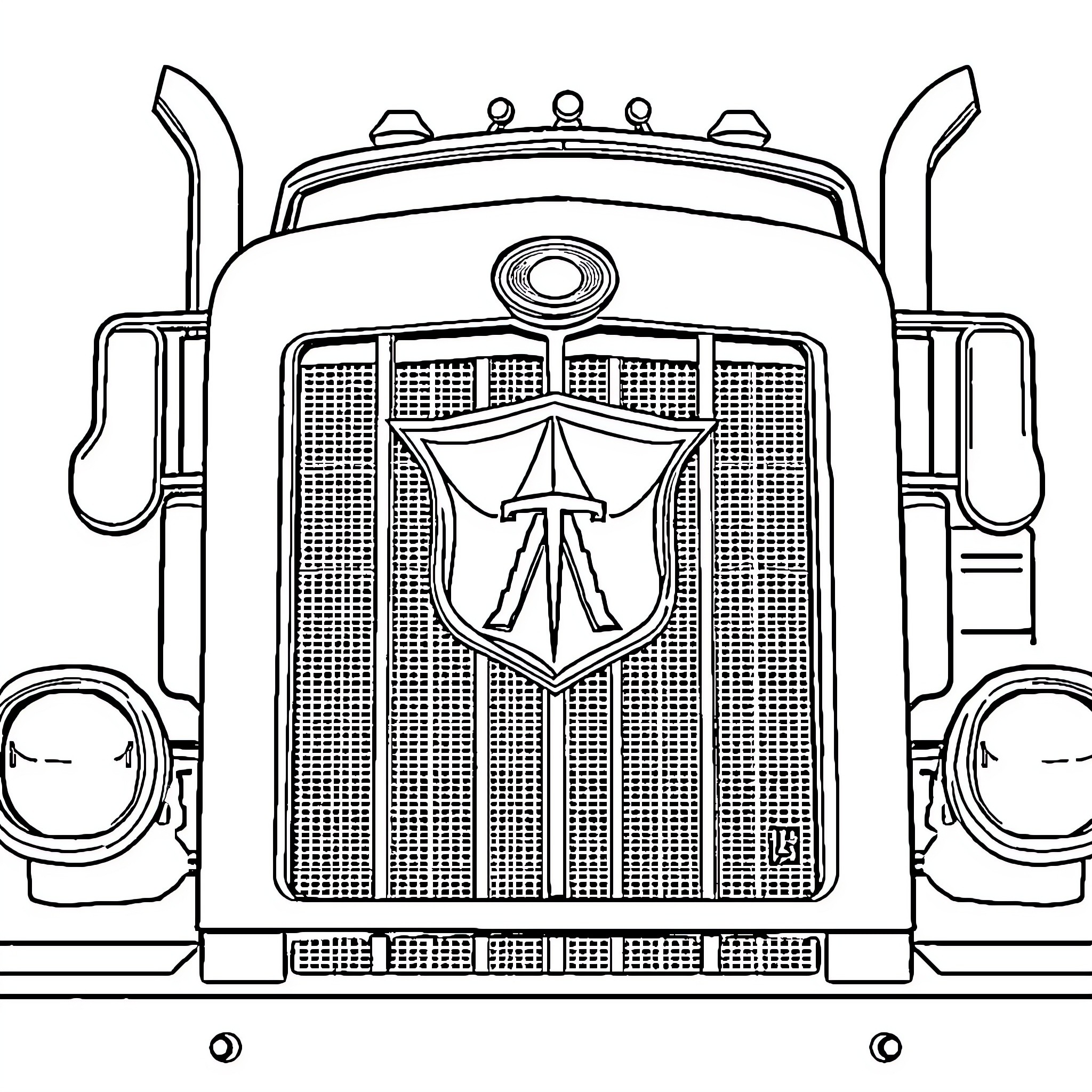 Peterbilt truck with iconic shield emblem Coloring Page (free black-and-white line drawing printable PDF for all, from beginners to advanced learners, including children, teens, adults, and seniors)