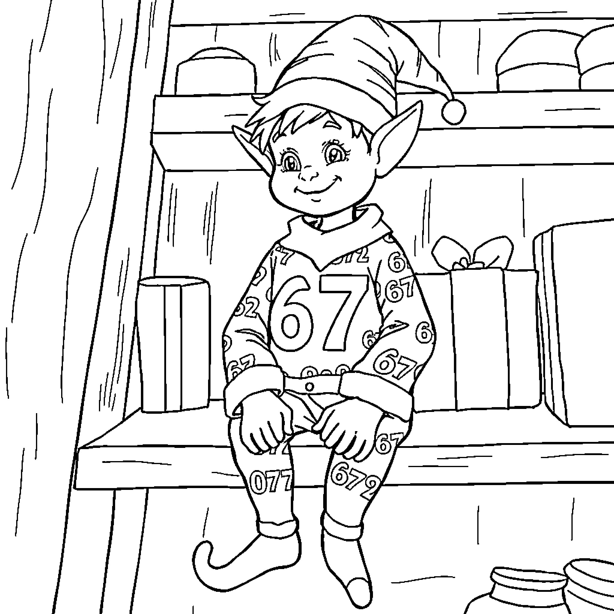 Elf sitting on a bench with numbered outfit Coloring Page (free black-and-white line drawing printable PDF for all, from beginners to advanced learners, including children, teens, adults, and seniors)