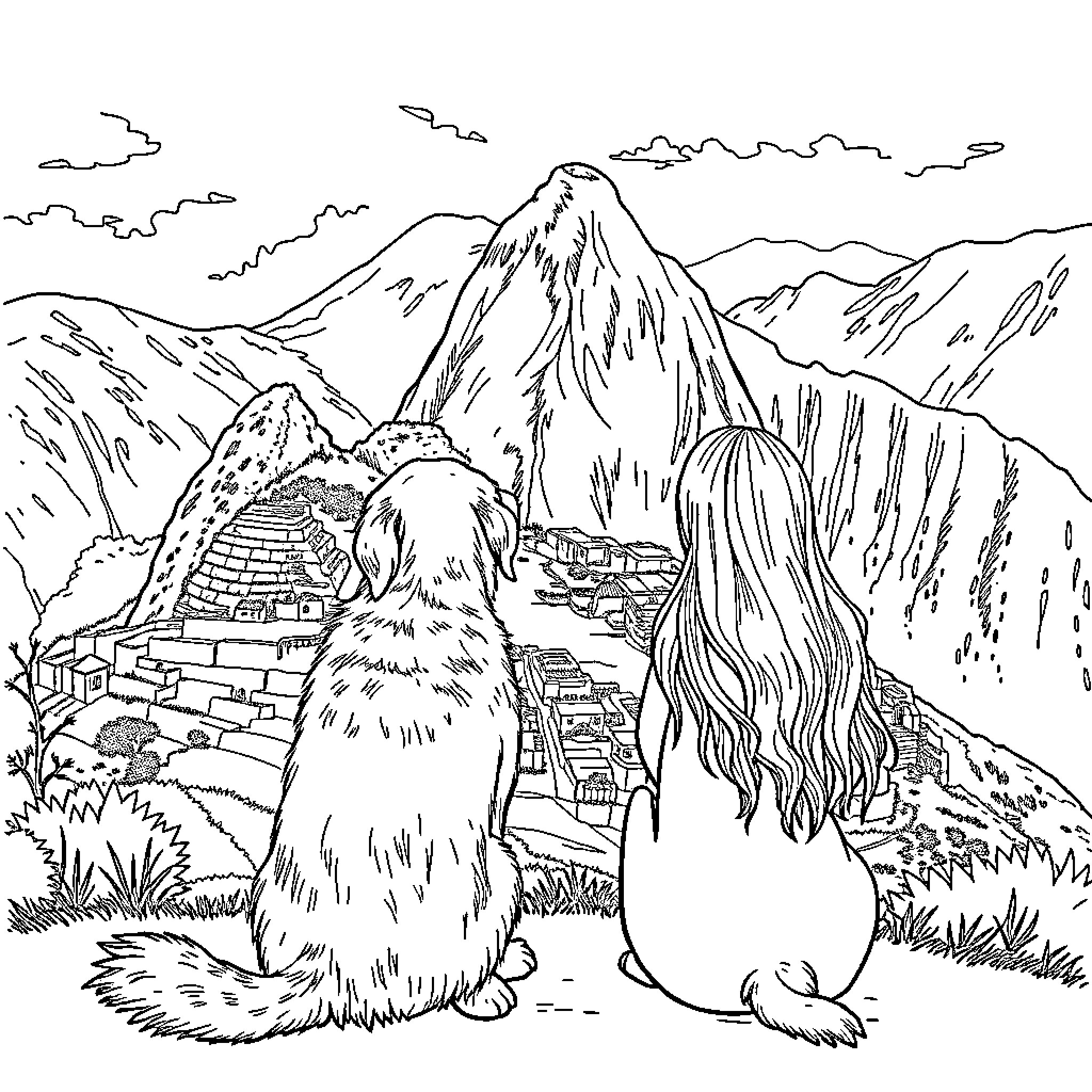 Golden Retriever explores ancient ruins with wonder Coloring Page (free black-and-white line drawing printable PDF for all, from beginners to advanced learners, including children, teens, adults, and seniors)