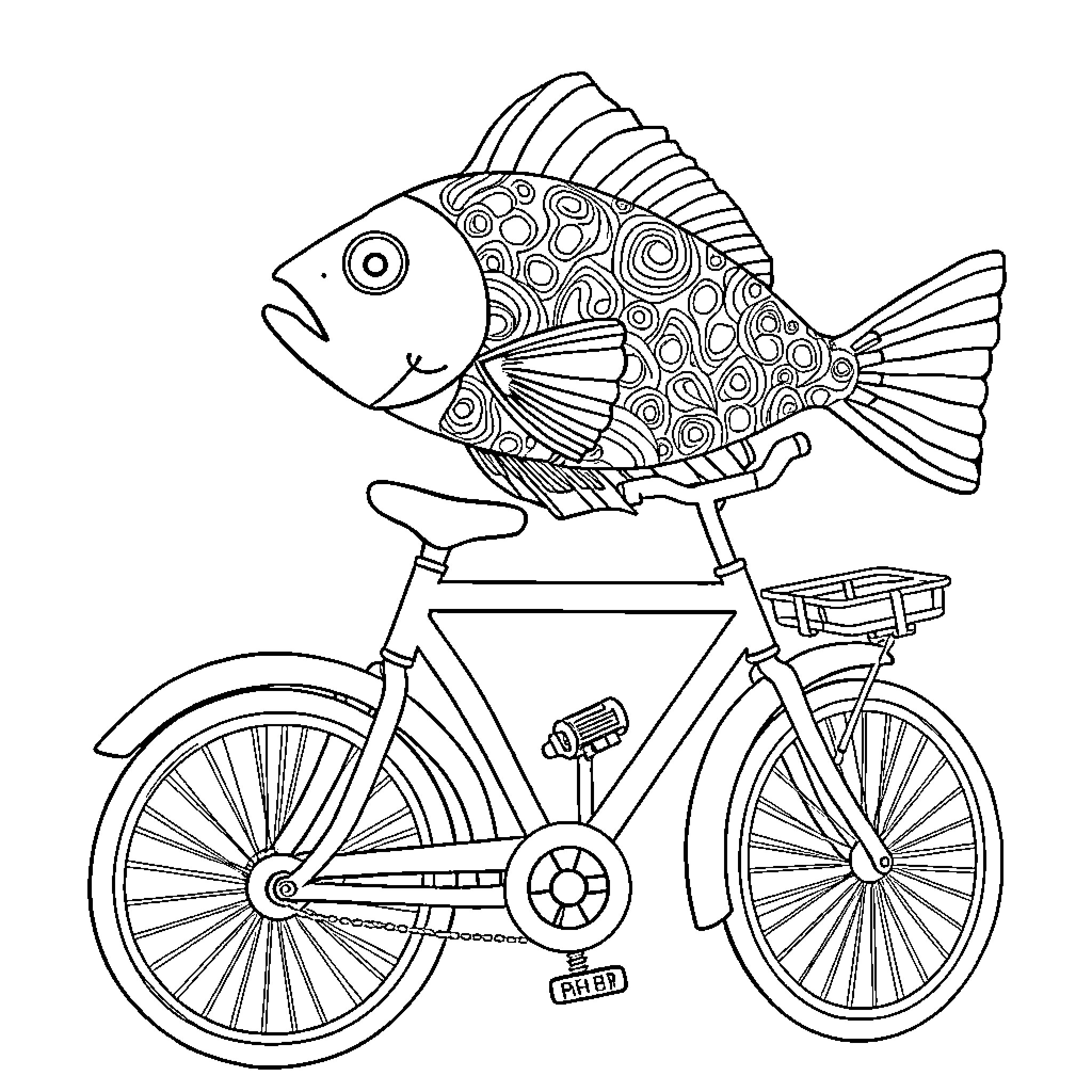 Fish riding a bicycle through a whimsical landscape Coloring Page (free black-and-white line drawing printable PDF for all, from beginners to advanced learners, including children, teens, adults, and seniors)