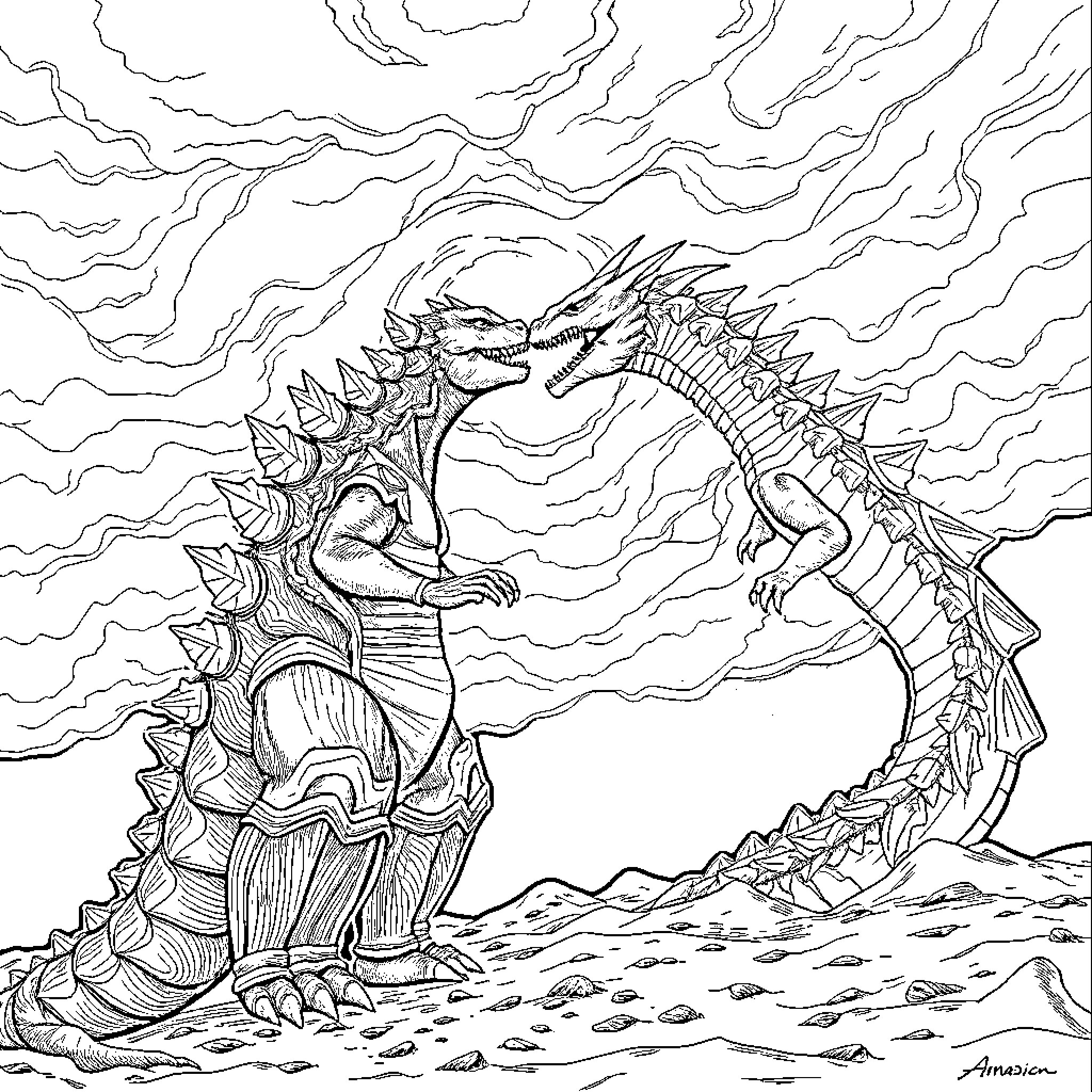 Godzilla versus a fierce dragon in a stormy landscape Coloring Page (free black-and-white line drawing printable PDF for all, from beginners to advanced learners, including children, teens, adults, and seniors)