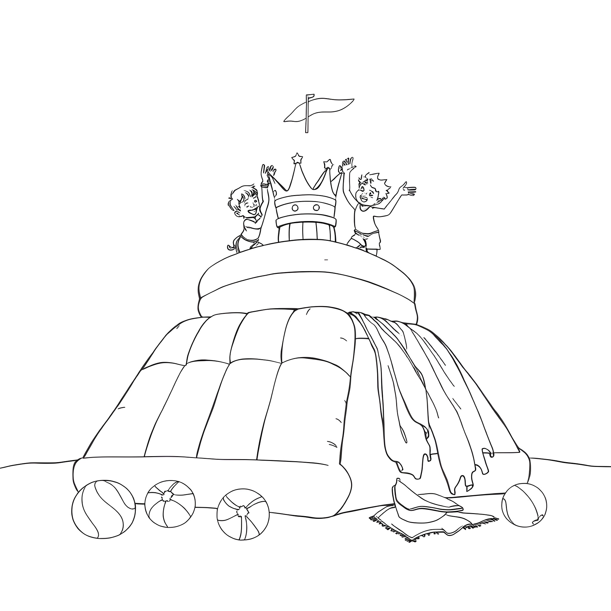King's Whimsical Castle with Children at Play Coloring Page (free black-and-white line drawing printable PDF for all, from beginners to advanced learners, including children, teens, adults, and seniors)