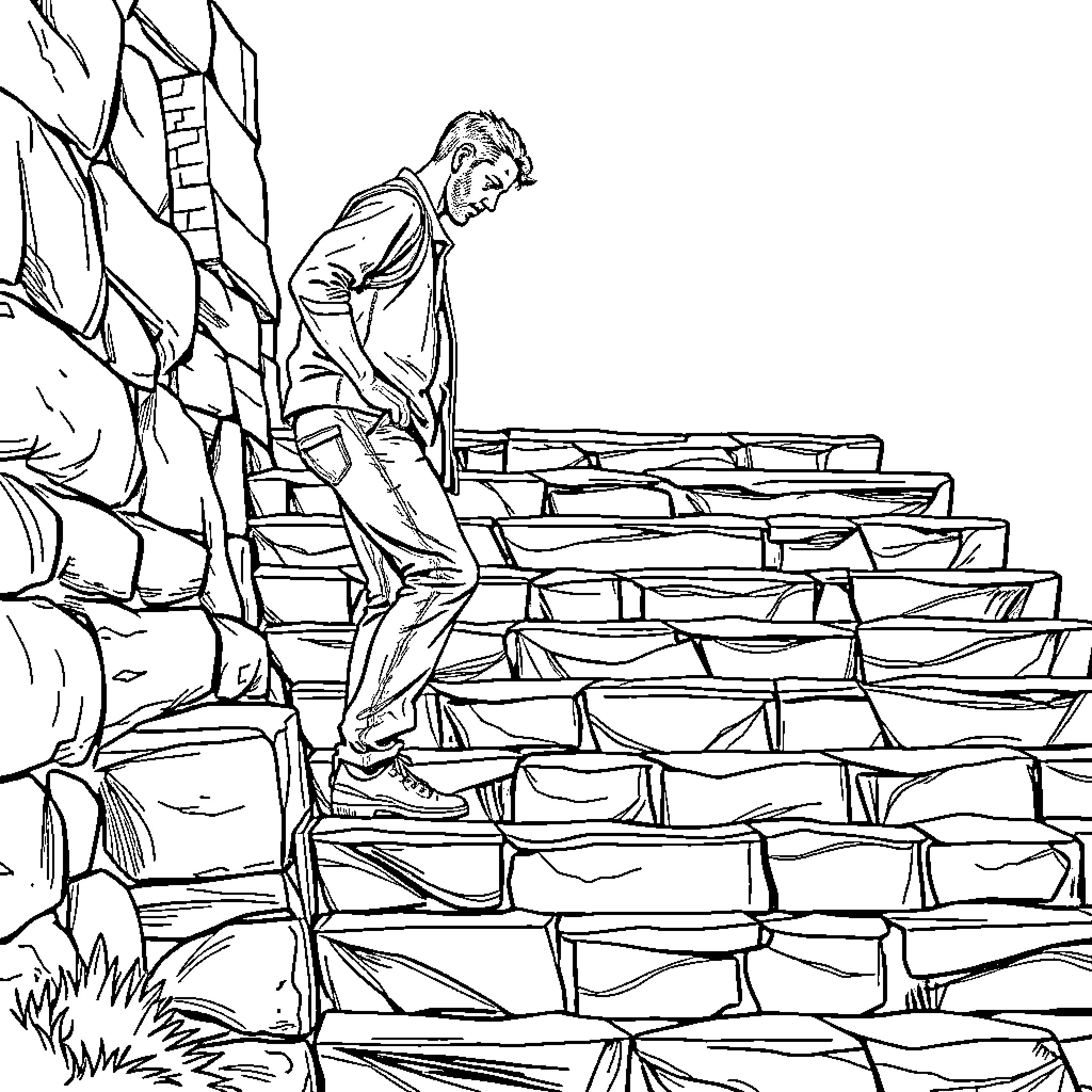Man climbing up rocky steps in the wilderness Coloring Page (free black-and-white line drawing printable PDF for all, from beginners to advanced learners, including children, teens, adults, and seniors)
