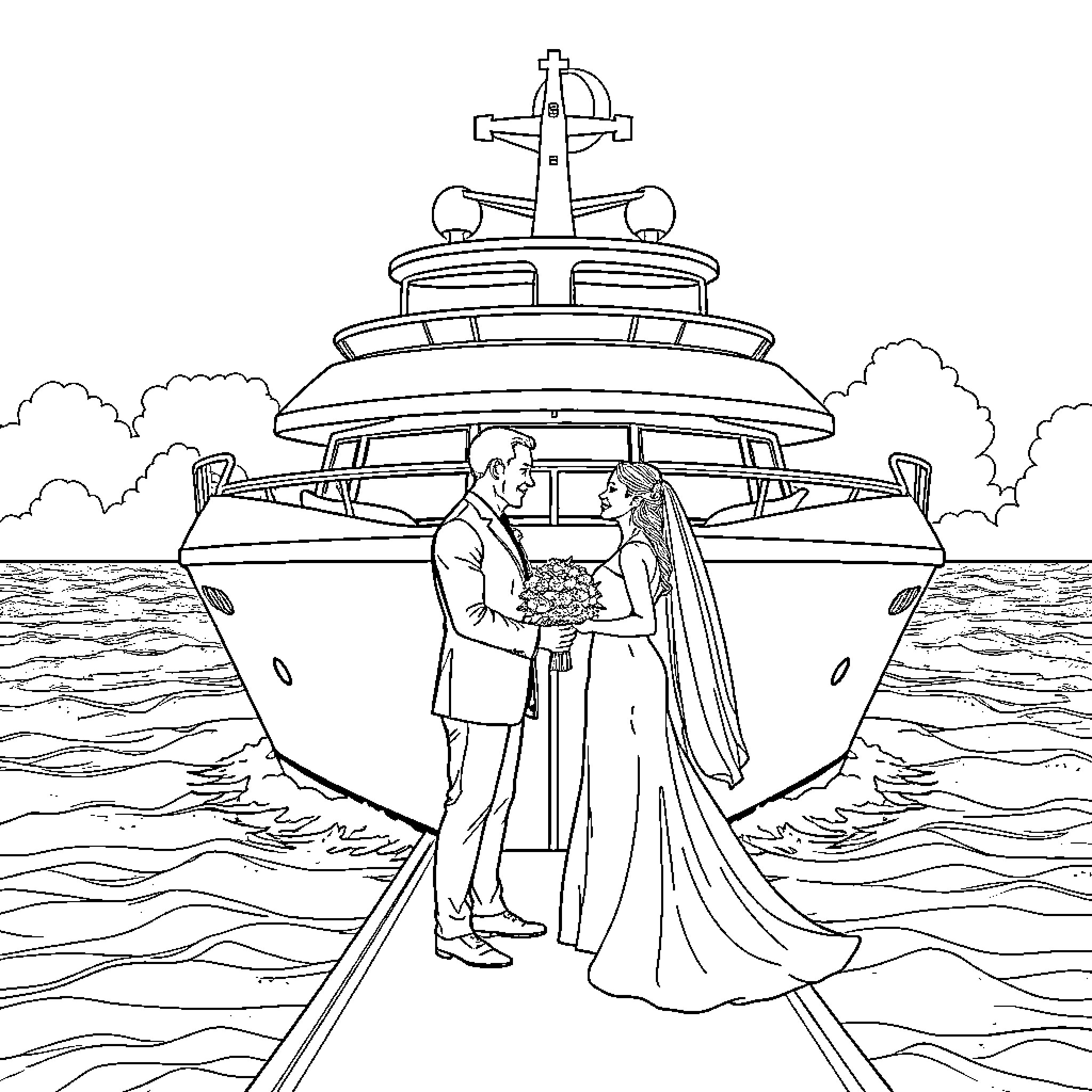 Couple celebrating wedding on luxury yacht Coloring Page (free black-and-white line drawing printable PDF for all, from beginners to advanced learners, including children, teens, adults, and seniors)