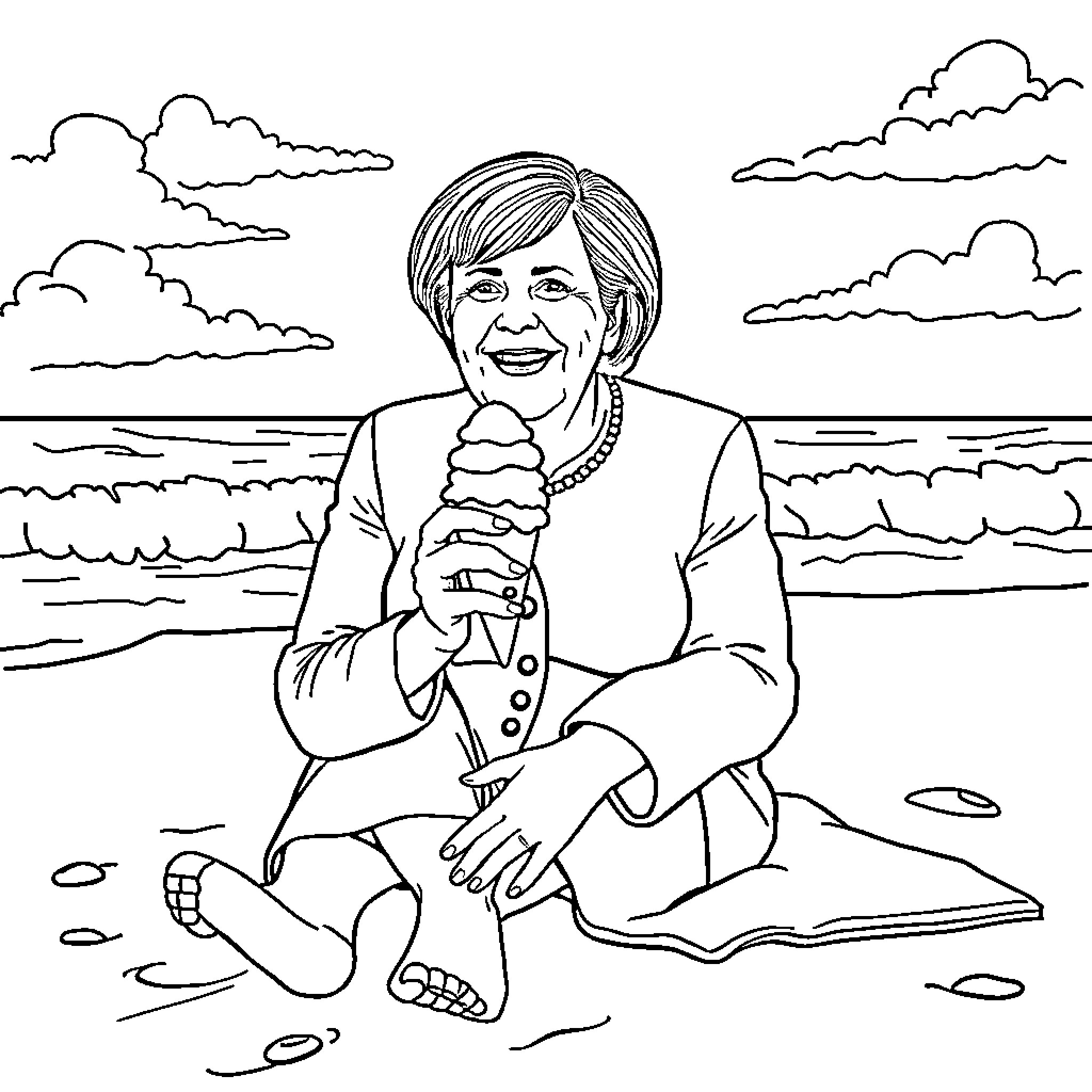 Angela Merkel enjoying a day at the beach Coloring Page (free black-and-white line drawing printable PDF for all, from beginners to advanced learners, including children, teens, adults, and seniors)