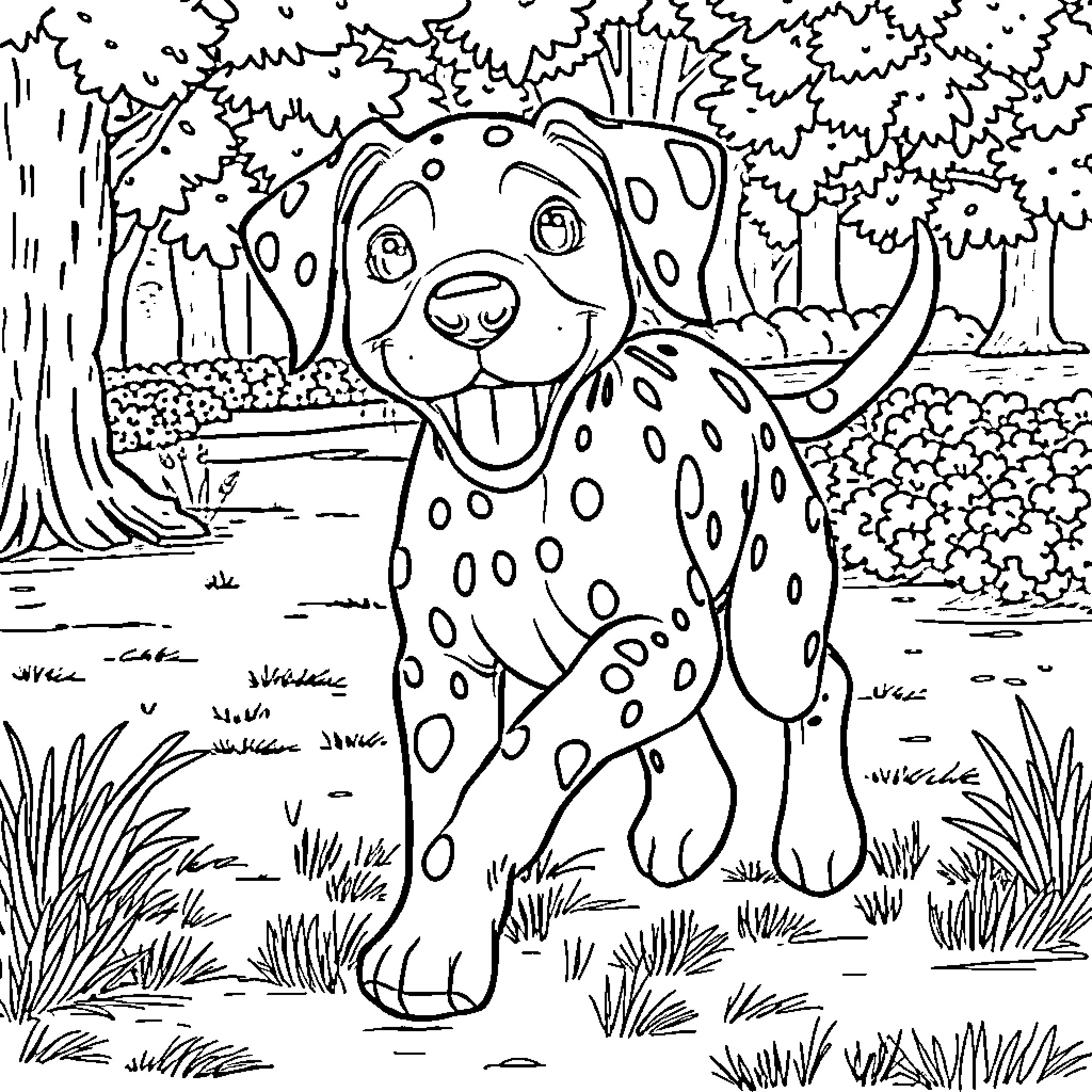 Dalmatian playing joyfully in the forest Coloring Page (free black-and-white line drawing printable PDF for all, from beginners to advanced learners, including children, teens, adults, and seniors)