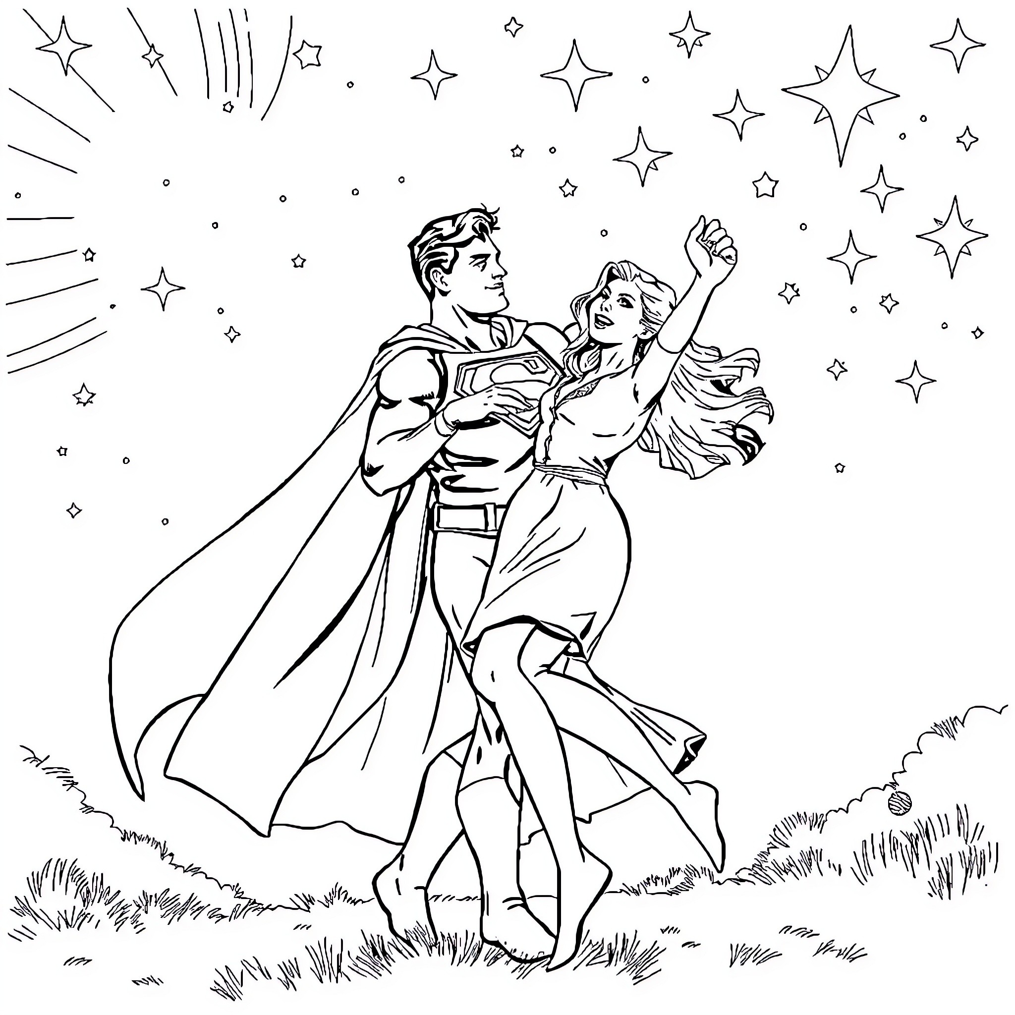 Superman dancing with a woman under the starry night Coloring Page (free black-and-white line drawing printable PDF for all, from beginners to advanced learners, including children, teens, adults, and seniors)