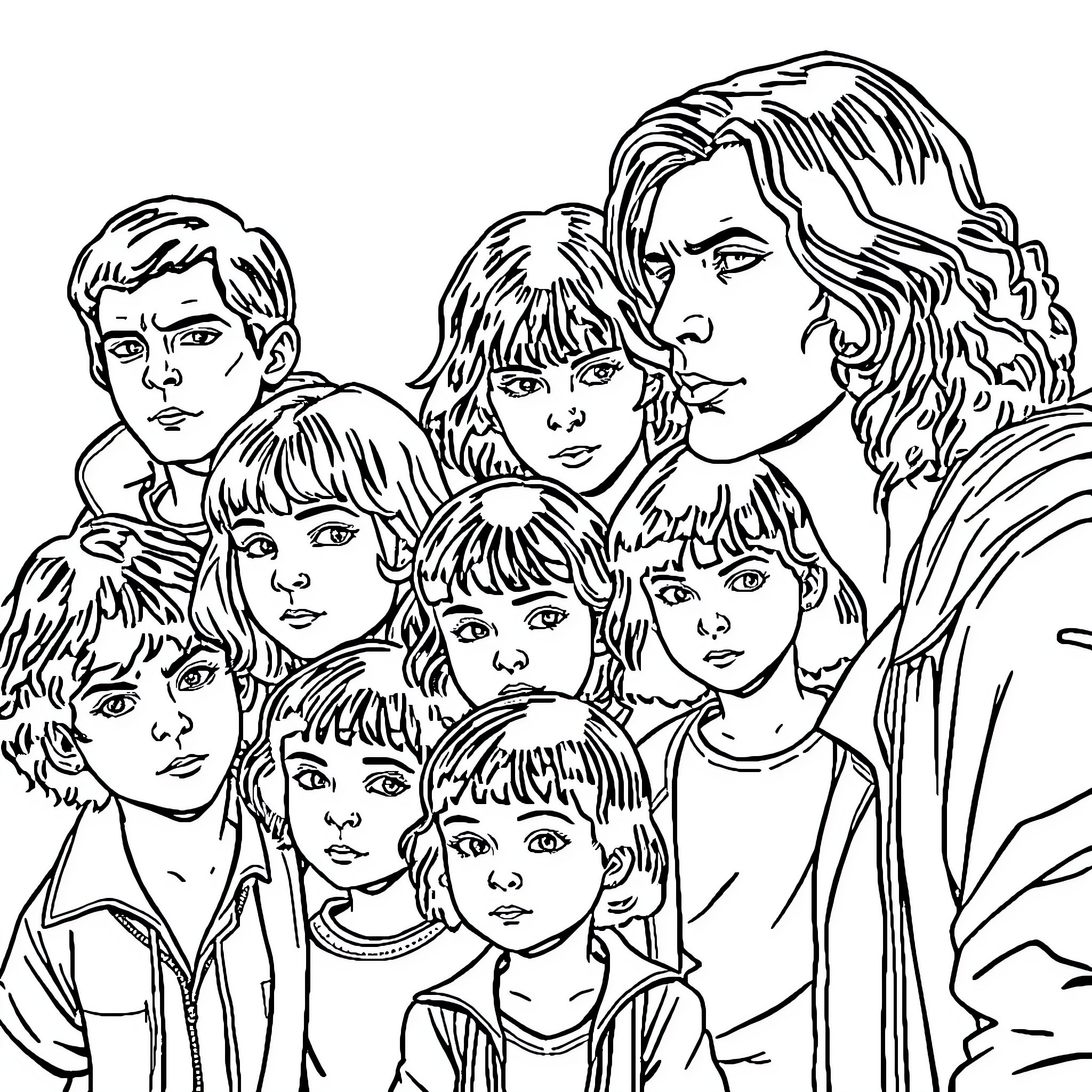 Stranger Things: A Group of Curious Individuals Coloring Page (free black-and-white line drawing printable PDF for all, from beginners to advanced learners, including children, teens, adults, and seniors)