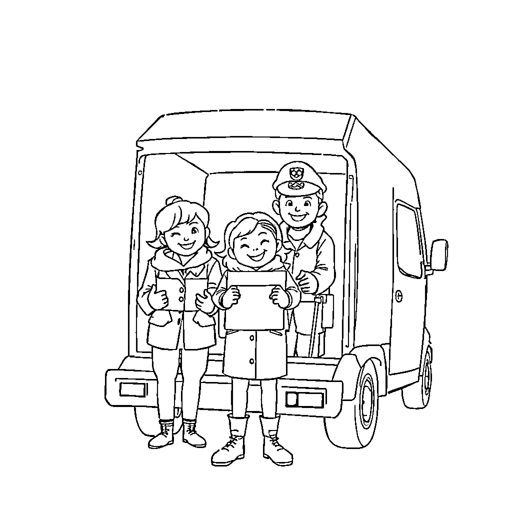 Garbage Collector Workers Posing in Front of Truck Coloring Page (free black-and-white line drawing printable PDF for all, from beginners to advanced learners, including children, teens, adults, and seniors)