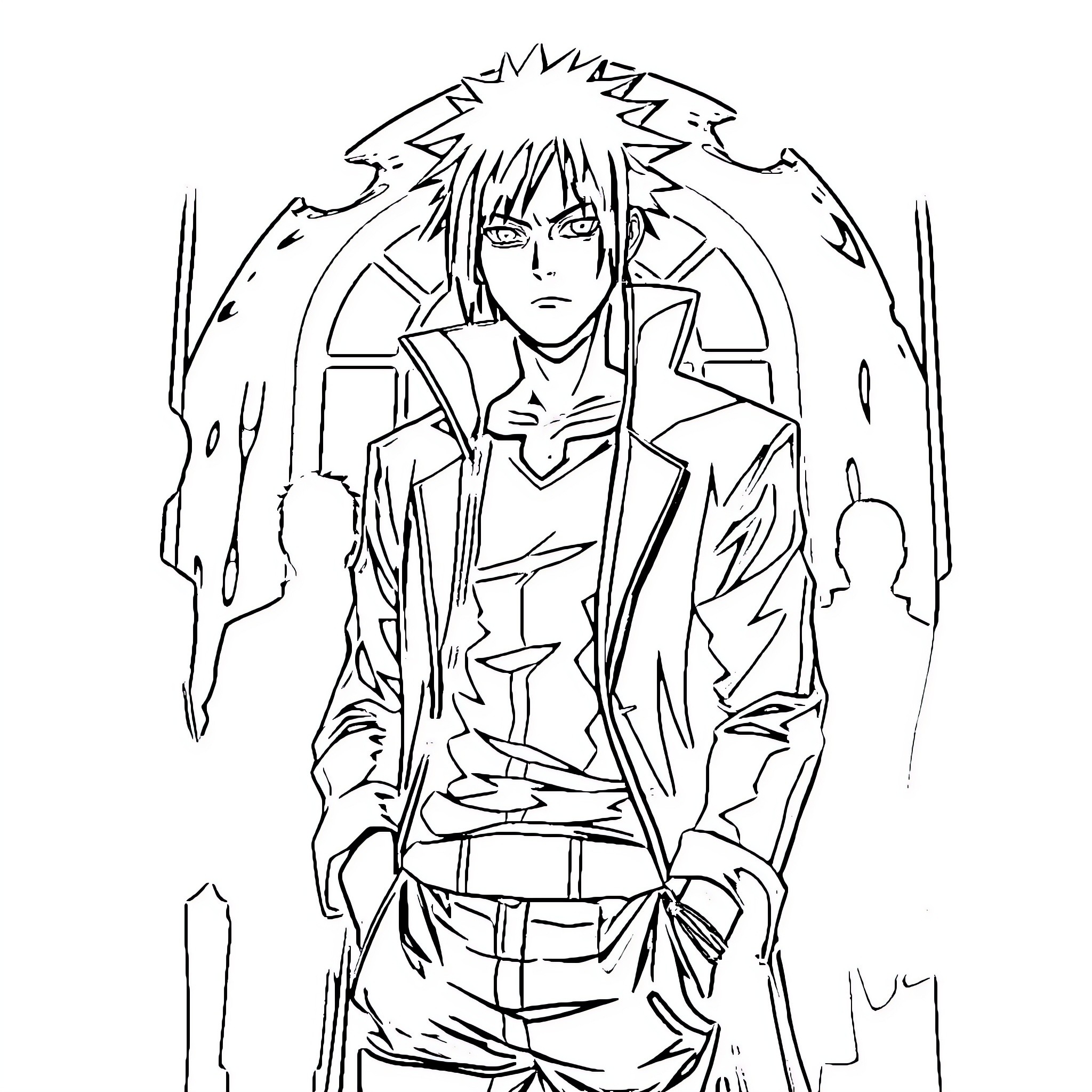 Obito in a dramatic pose with a troubled expression Coloring Page (free black-and-white line drawing printable PDF for all, from beginners to advanced learners, including children, teens, adults, and seniors)