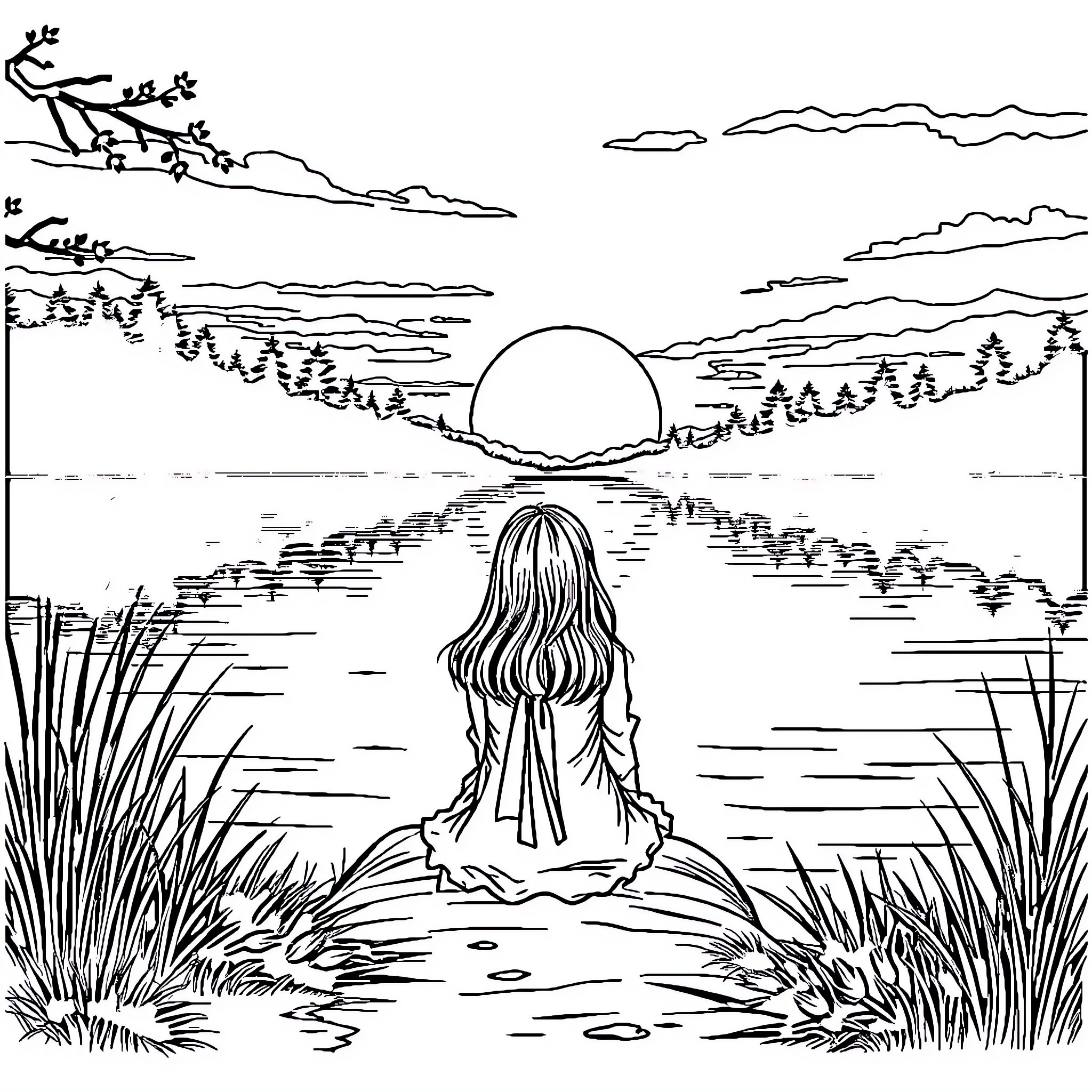 Girl Sitting Alone at Sunset by the Lake Coloring Page (free black-and-white line drawing printable PDF for all, from beginners to advanced learners, including children, teens, adults, and seniors)