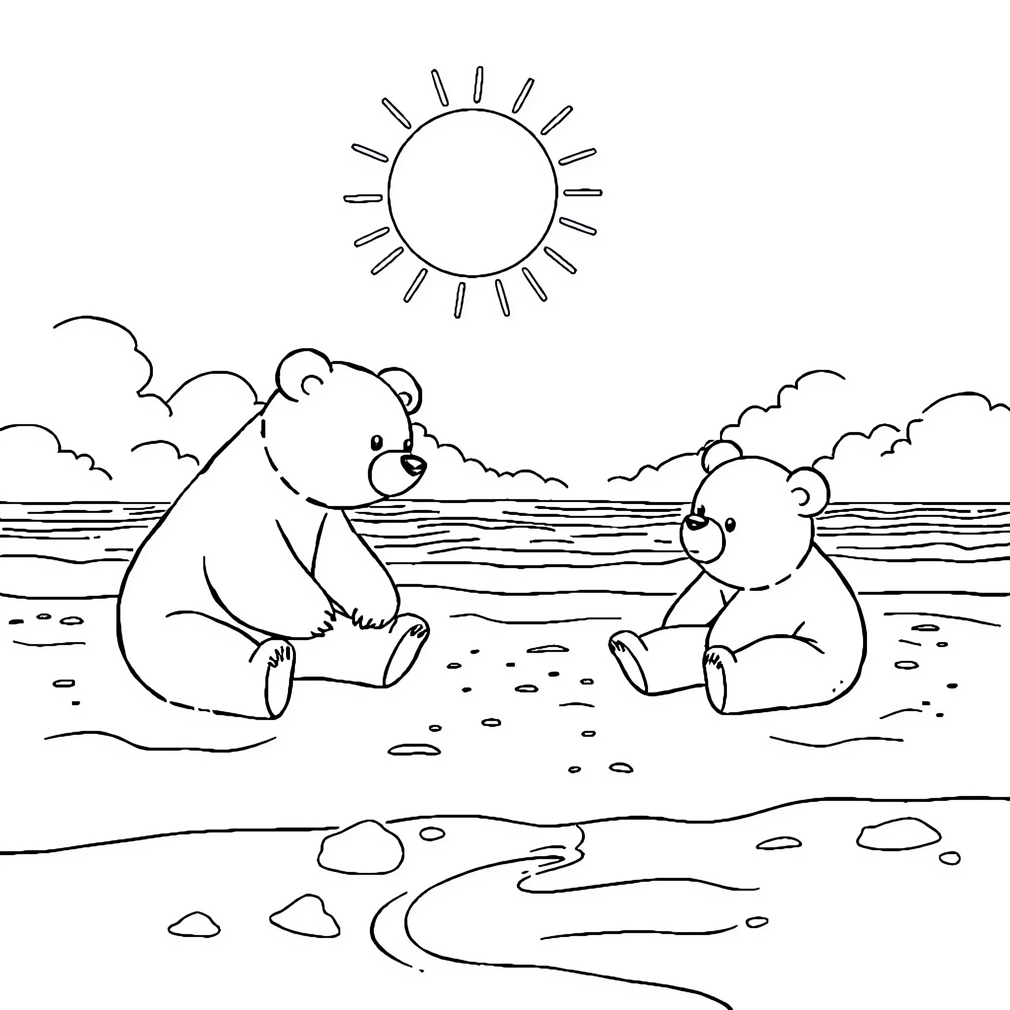 Bear siblings enjoying a sunny day at the beach Coloring Page (free black-and-white line drawing printable PDF for all, from beginners to advanced learners, including children, teens, adults, and seniors)