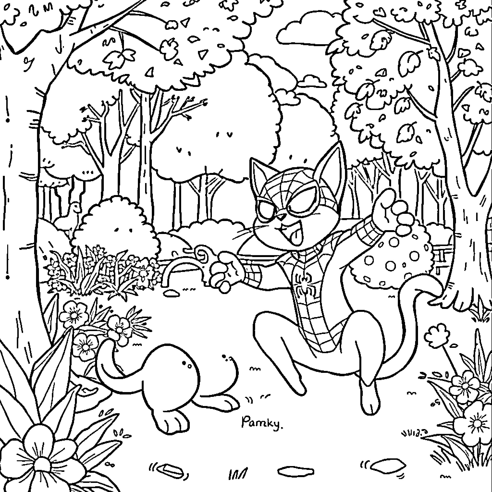Cat exploring the forest with woodland creatures Coloring Page (free black-and-white line drawing printable PDF for all, from beginners to advanced learners, including children, teens, adults, and seniors)