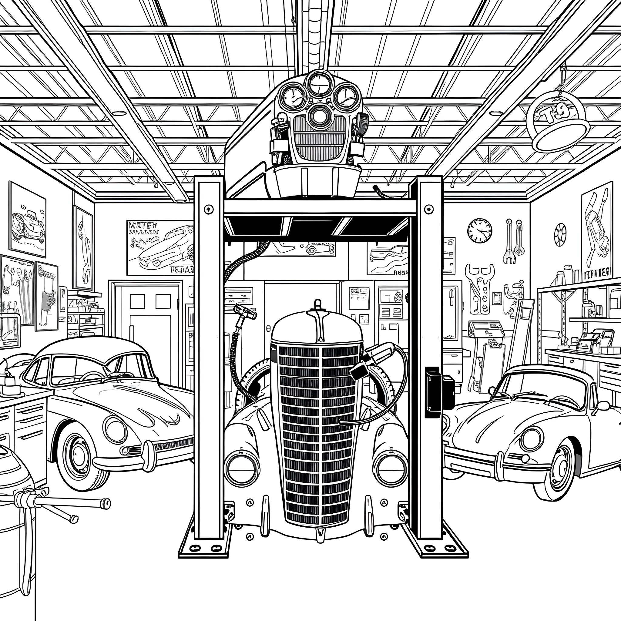 Motor Repair Shop with Classic Cars Coloring Page (free black-and-white line drawing printable PDF for all, from beginners to advanced learners, including children, teens, adults, and seniors)