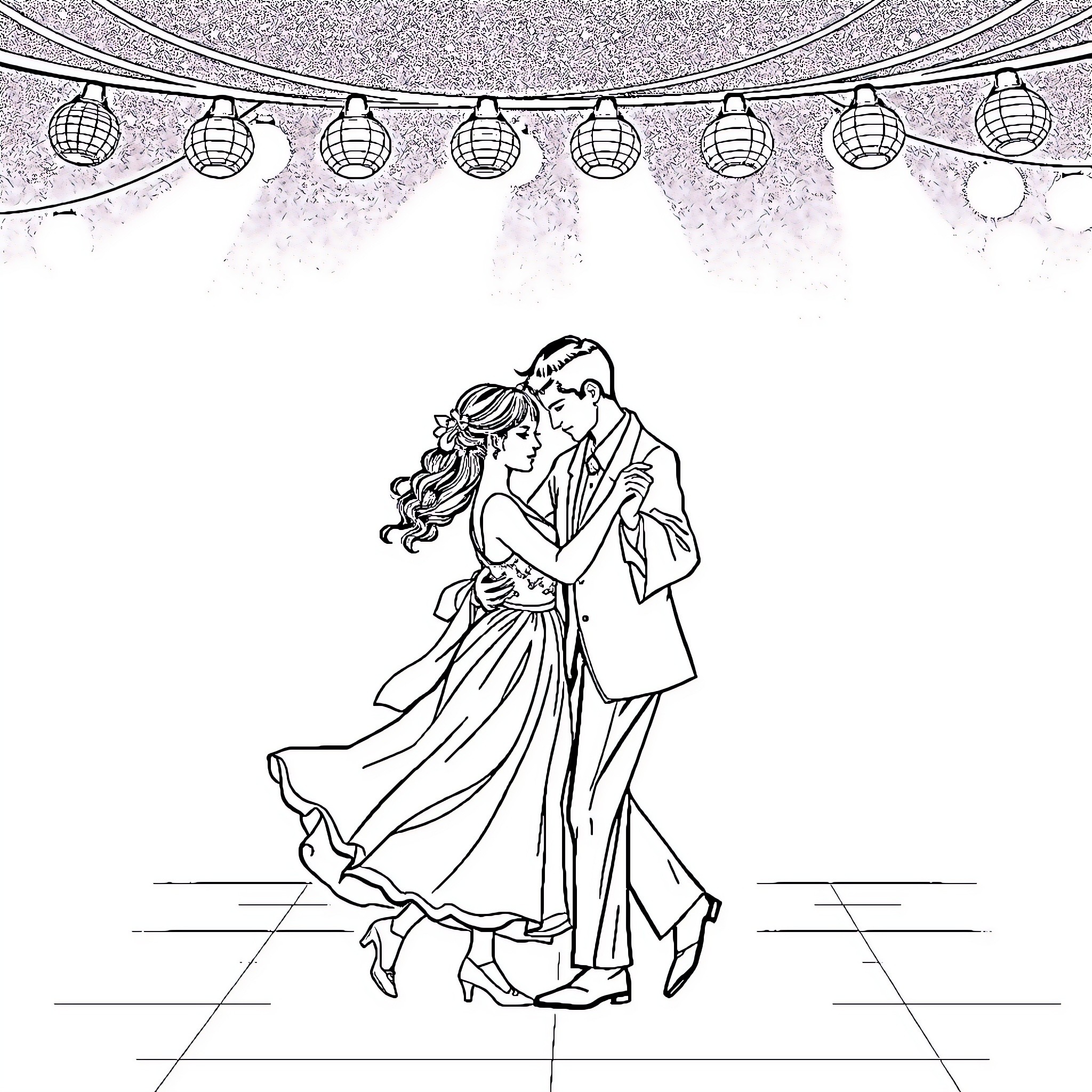 Nezuko and Akaza's romantic dance under lanterns Coloring Page (free black-and-white line drawing printable PDF for all, from beginners to advanced learners, including children, teens, adults, and seniors)
