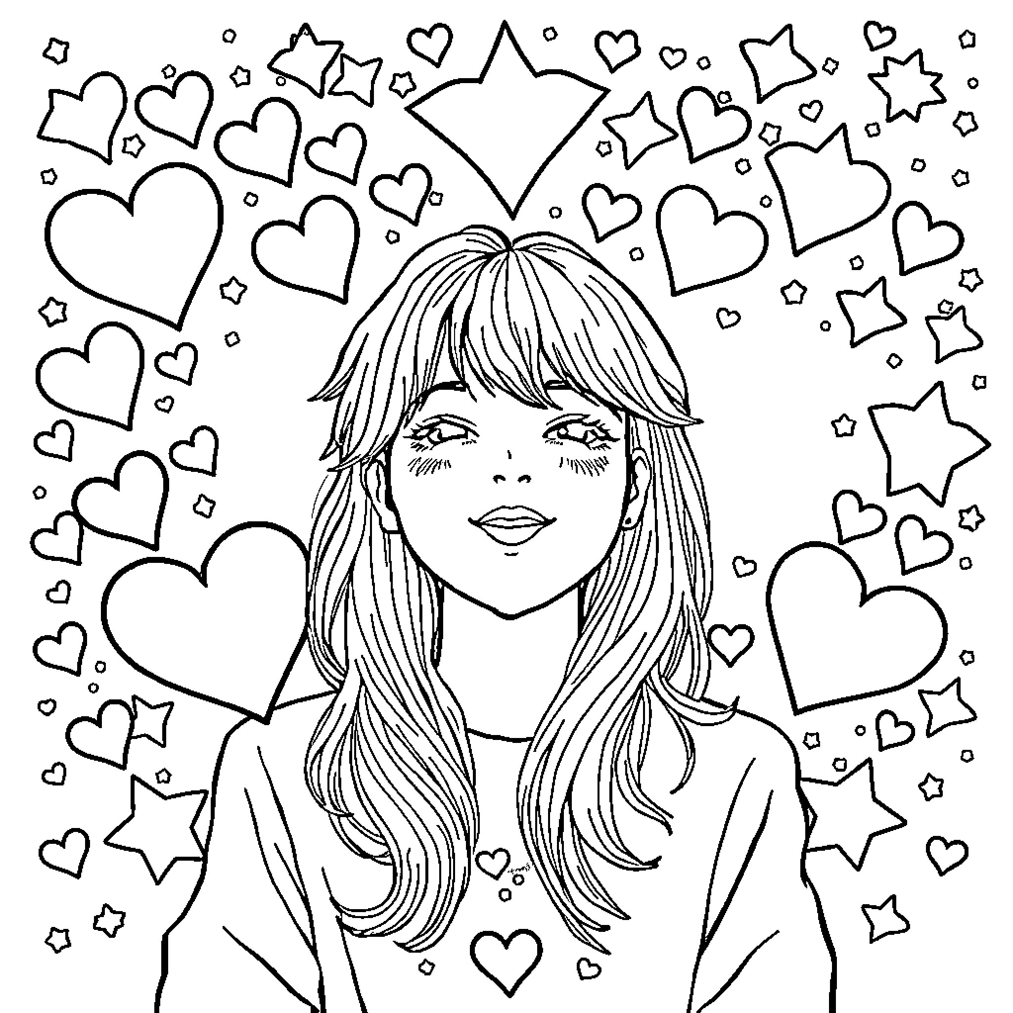 Kpop Girl with Hearts and Stars Coloring Page (free black-and-white line drawing printable PDF for all, from beginners to advanced learners, including children, teens, adults, and seniors)