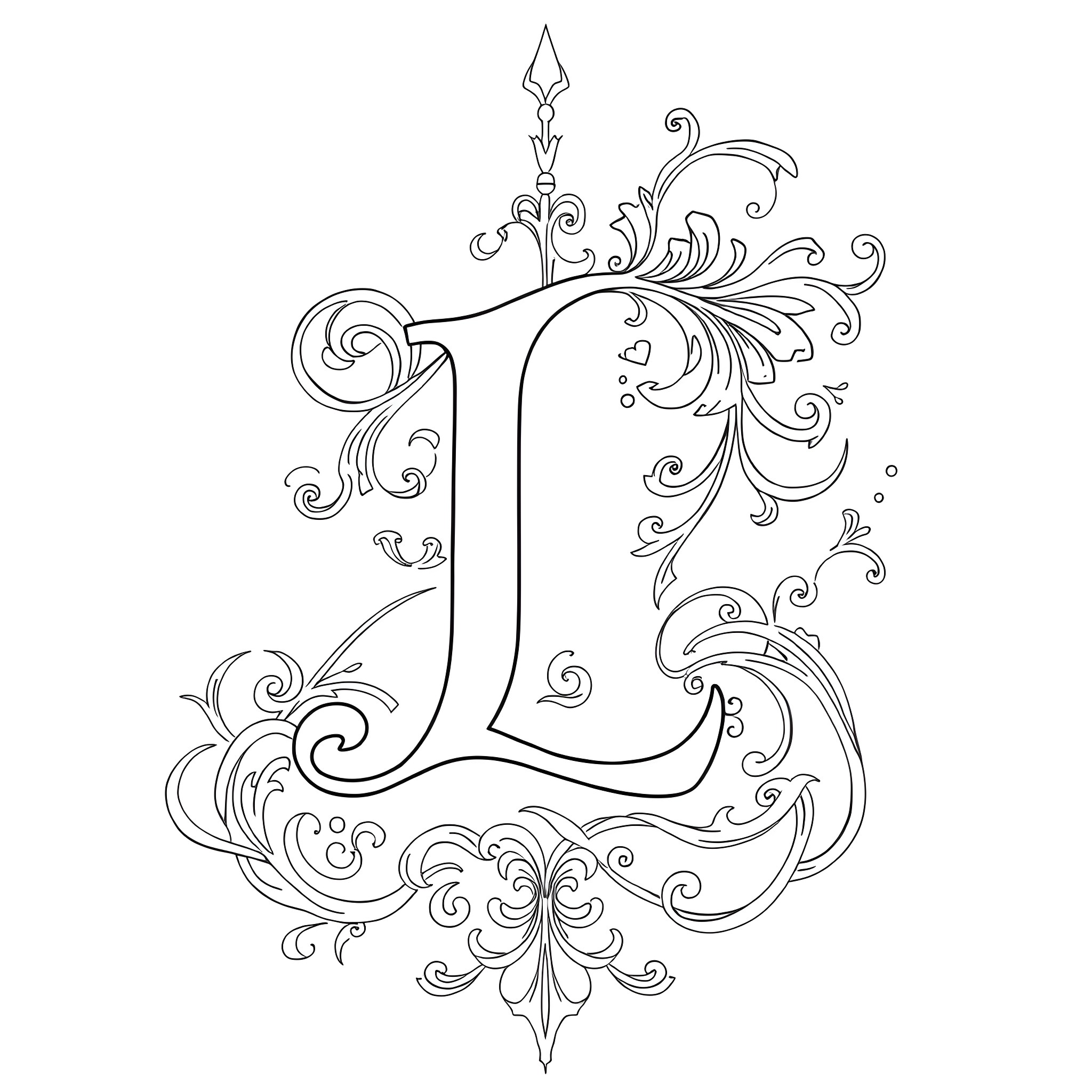 A Decorative Letter L with Floral Patterns Coloring Page (free black-and-white line drawing printable PDF for all, from beginners to advanced learners, including children, teens, adults, and seniors)