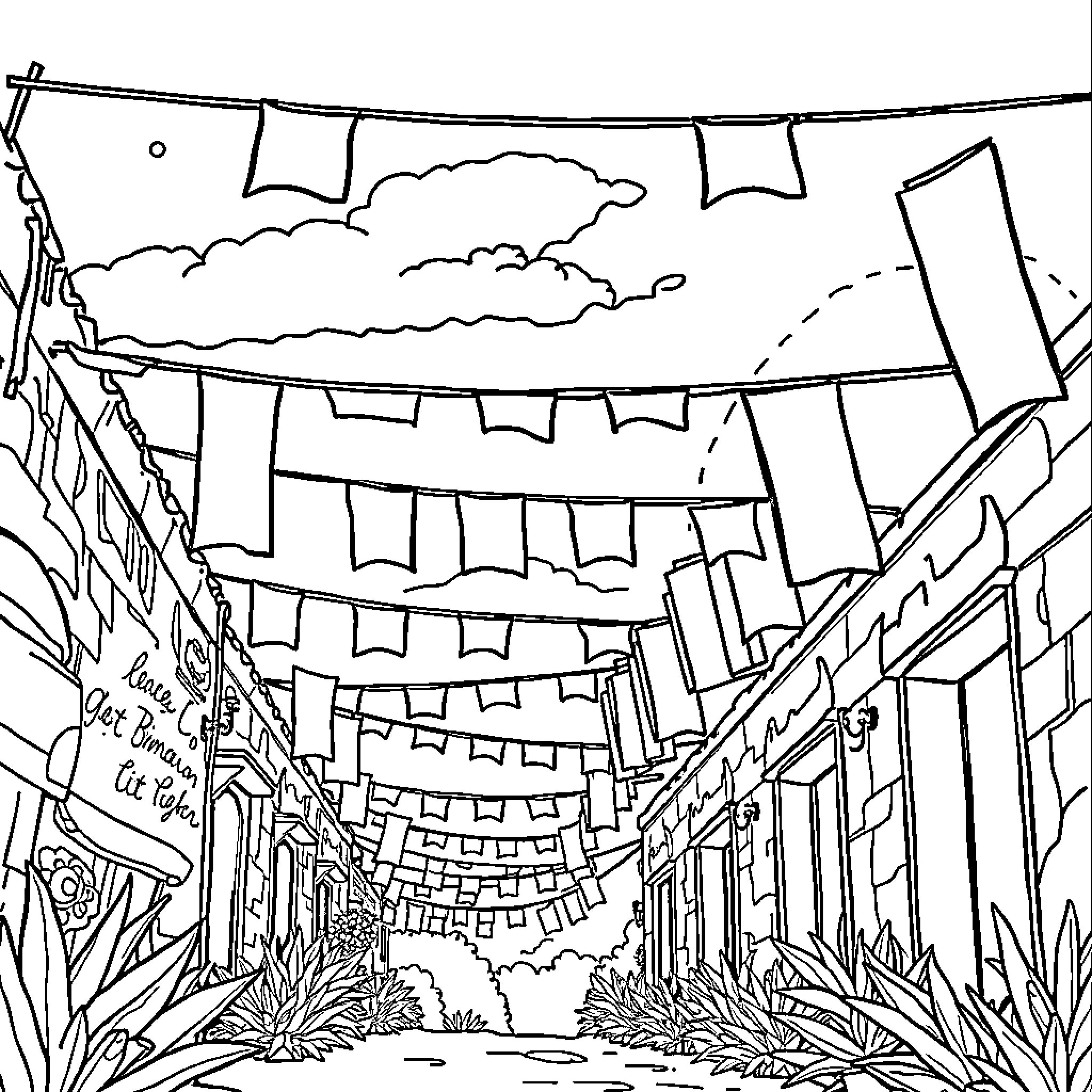 Flag-decorated Street with Festive Flags and Banners Coloring Page (free black-and-white line drawing printable PDF for all, from beginners to advanced learners, including children, teens, adults, and seniors)